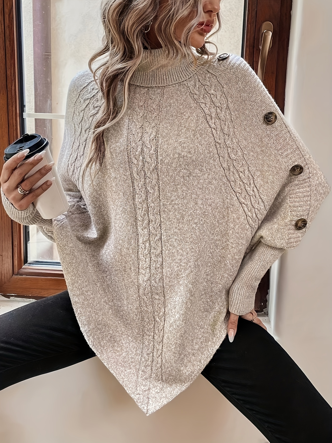 Knitted Poncho Poncho Style Sweater With Sleeves Plus Size Women's