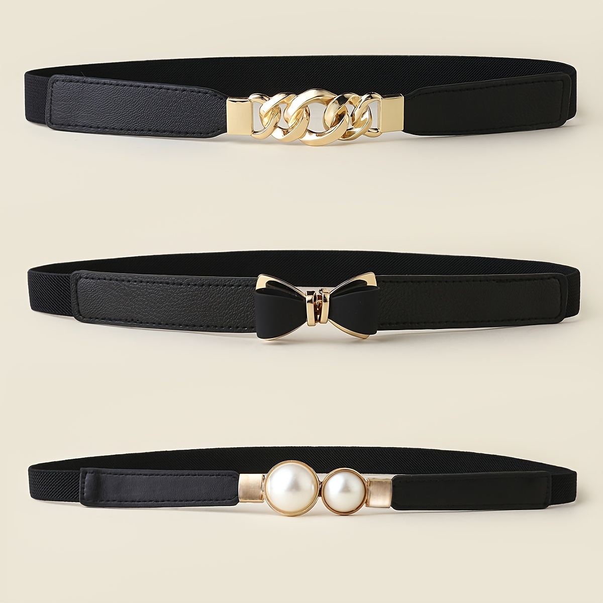 

3pcs Elastic Stretch Waist Belts Cinch Waistband With Metal Imitation Pearl Buckle For Coat Dress Jeans
