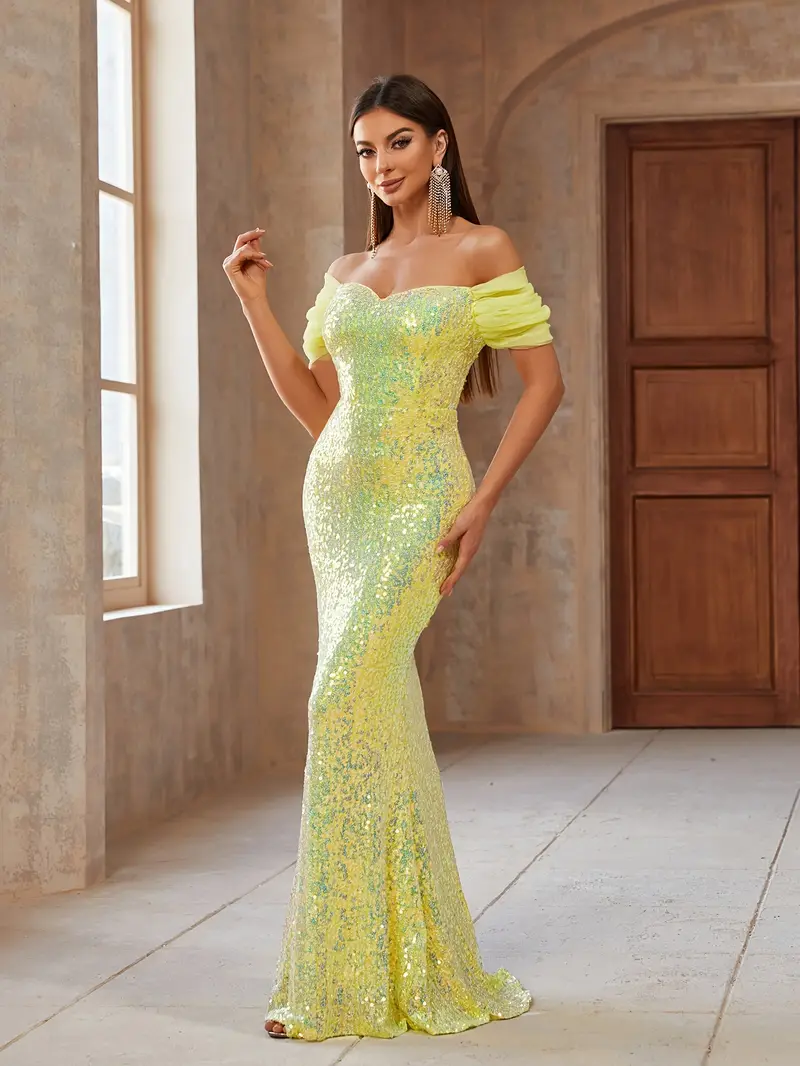 sequin fishtail dress Glamrae Elegant Luxurious Off Shoulder 3D Sculptural Design Slit Fishtail Dress,Heavy-Duty Sequin Gown For Weddings,Galas,Parties & Formal Occasions