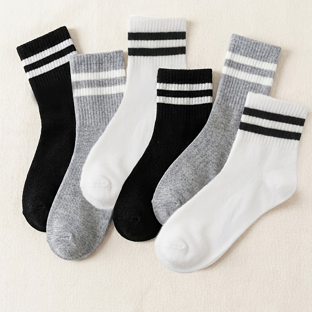 TEMU 6 Pairs Versatile /gray Solid Color Striped Casual Sports Socks, Trendy And Versatile Calf Socks For Couples, Outdoor Ankle Socks, Soft And