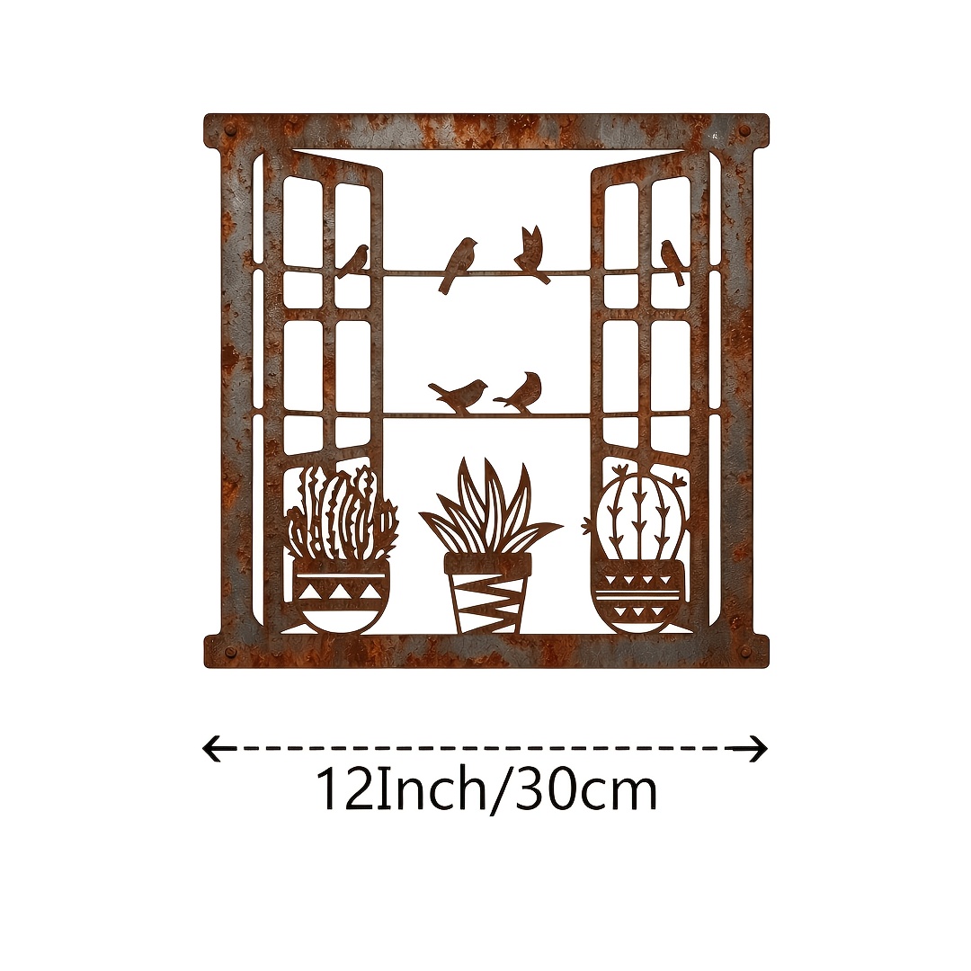 TEMU [2d Flat] 1pc Vintage Rustic Iron Openwork Wall Decor, Cactus And Bird Silhouette Window-shaped Outdoor Garden Courtyard Living Room Art