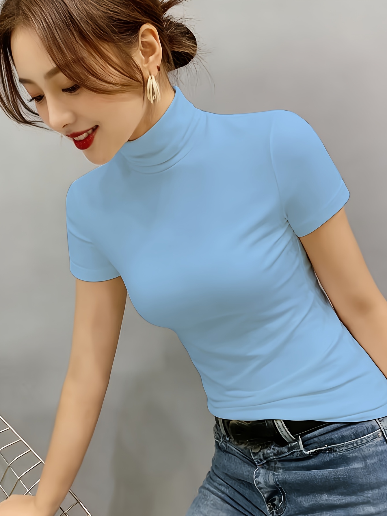 camiseta de manga corta y cuello   para mujer, corte ajustado y con  ,   y elegante, cómoda,   y transpirable, material   elasticidad, lavable a máquina, camiseta base   para   y verano