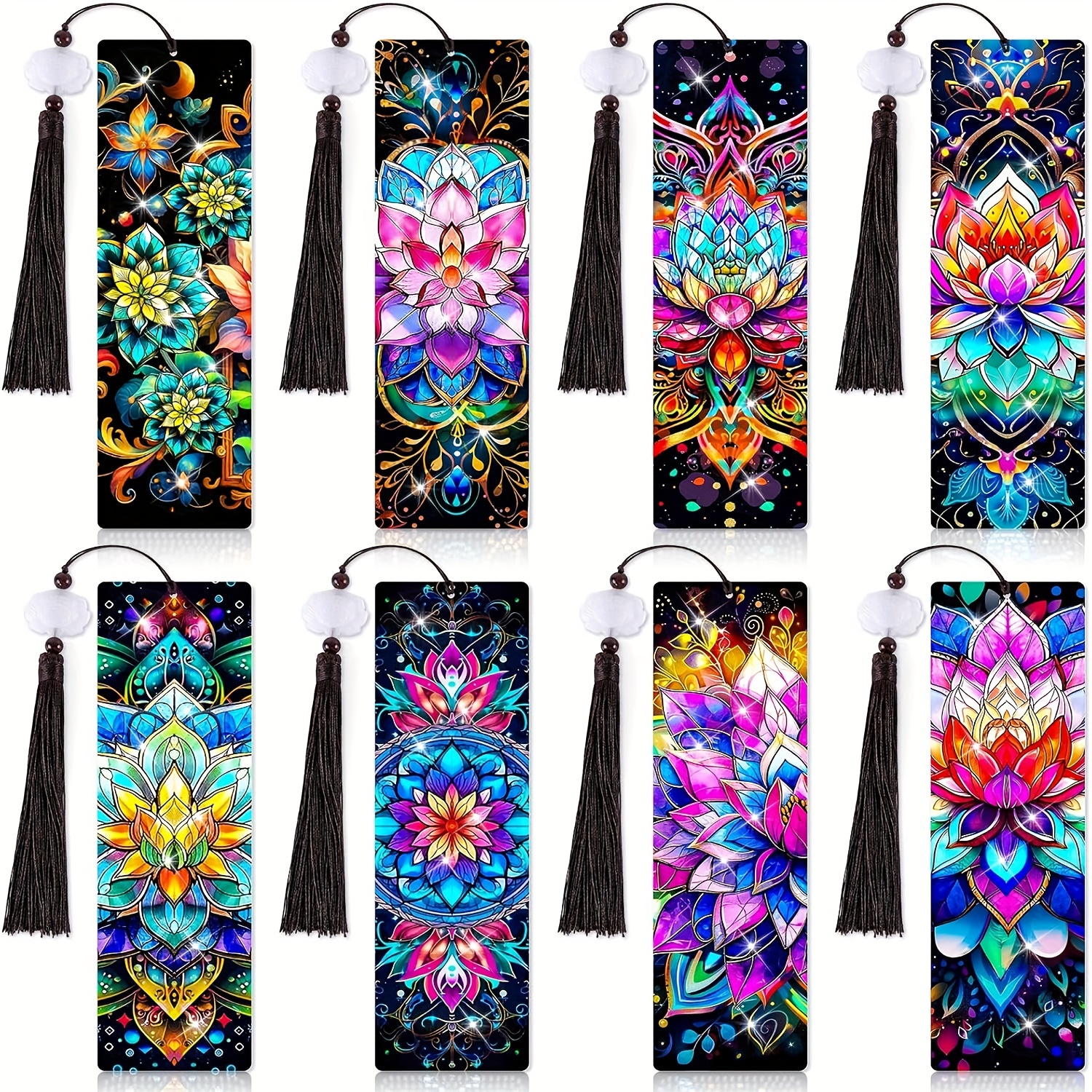 

8-pack Mandala Diamond Painting Art Bookmarks, 5d Diy Acrylic Tassel Bookmarks With Round Diamonds - Geometric Themed Crafting Kit For Adults Beginners