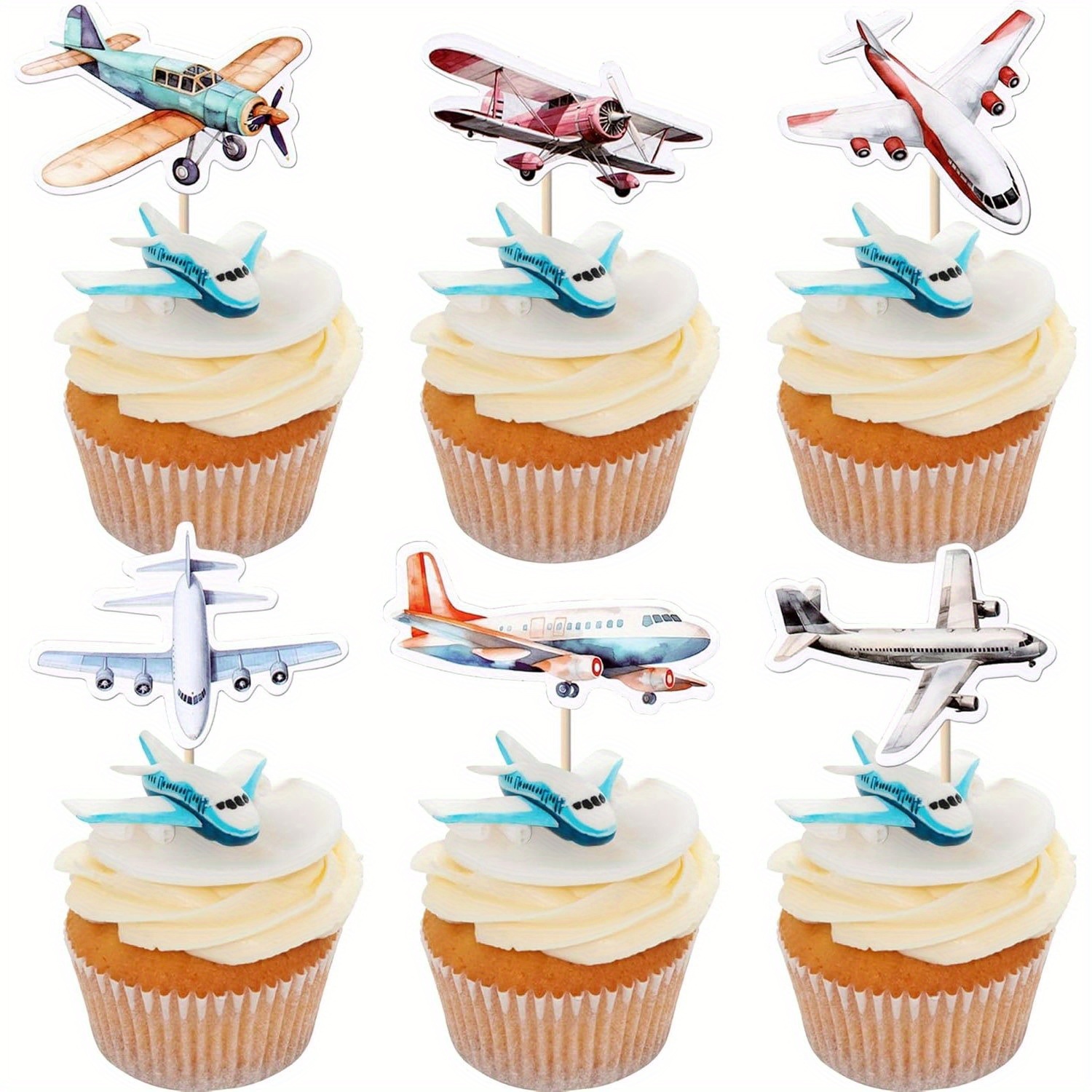 Image of 12pcs/36pcs Airplane Cupcake Toppers Glitter Plane Cupcake Picks For Baby Shower Aviation Fighter Theme Birthday Party Cake Decorations Supplies
