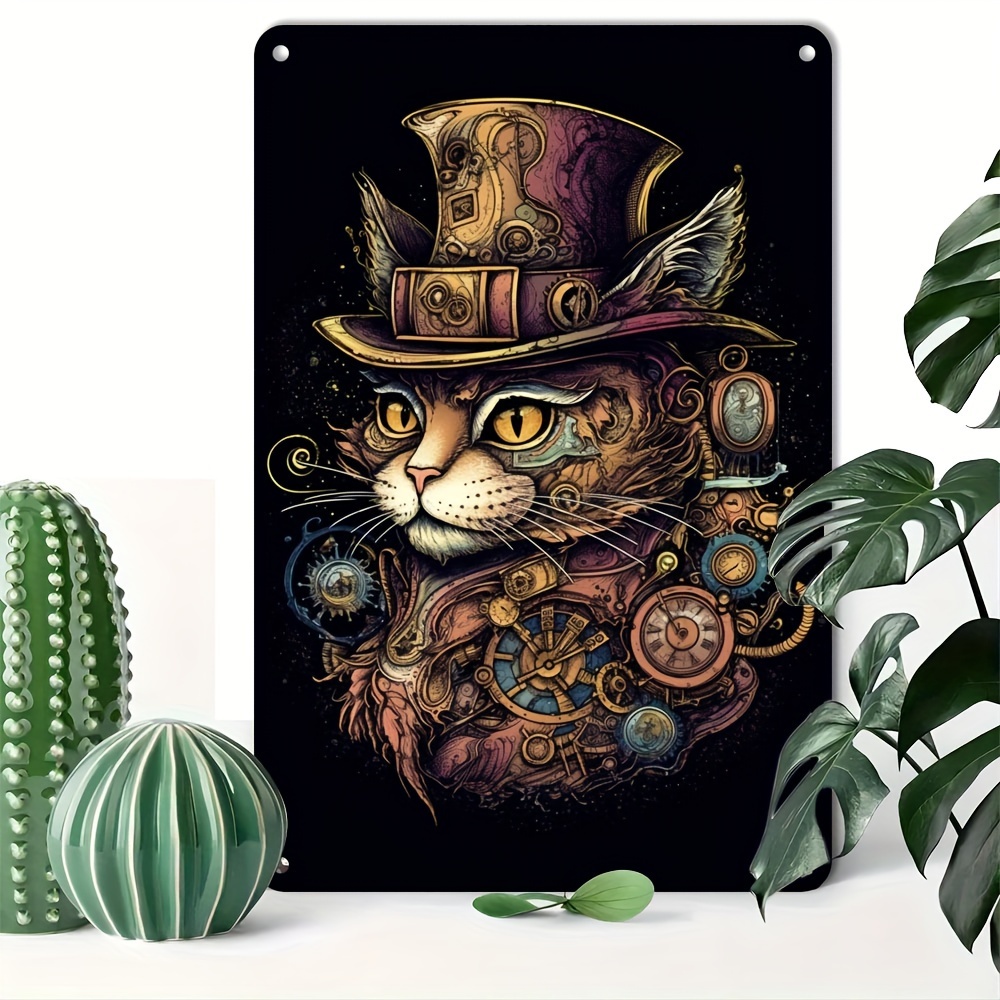 

Steampunk Cat Aluminum Tin Sign - Reusable Metal Plaque For Home & Bar Decor, 1pc - Vintage Style, Pre-drilled, Weatherproof, Suitable For Age 14+ (8x12 Inch)