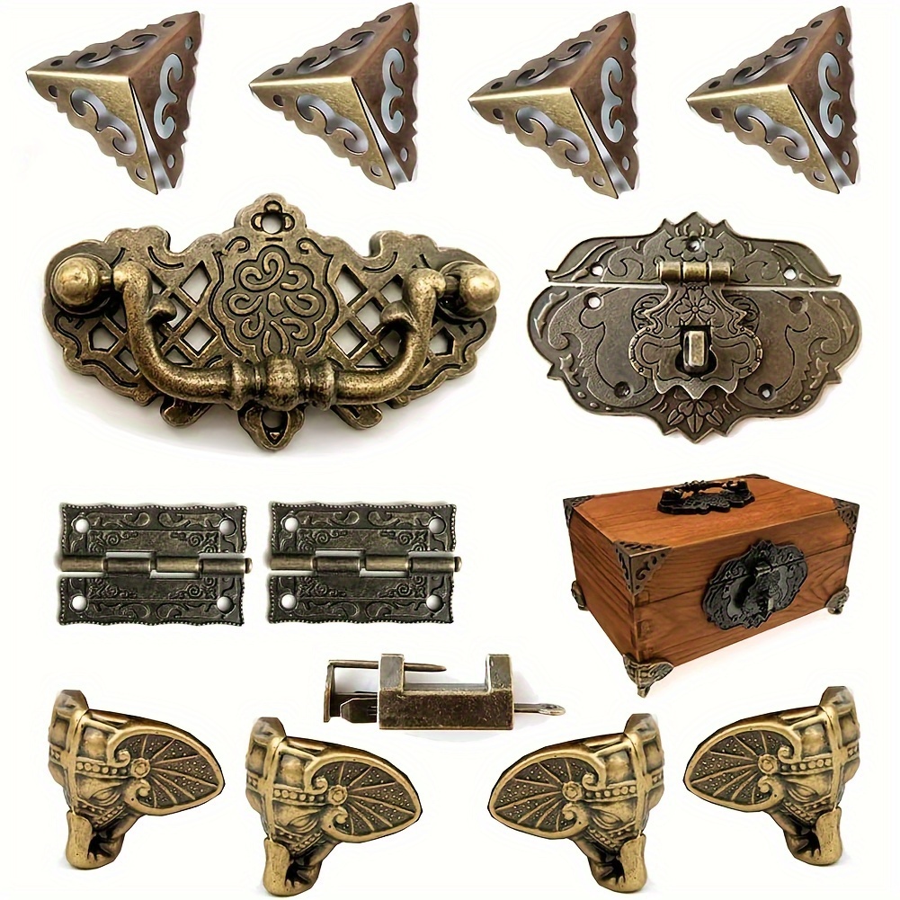 

14pcs Antique Bronze Zinc Alloy Lock Hasp Hinges Handle Corner Protectors Kit For Box, Box Not Included