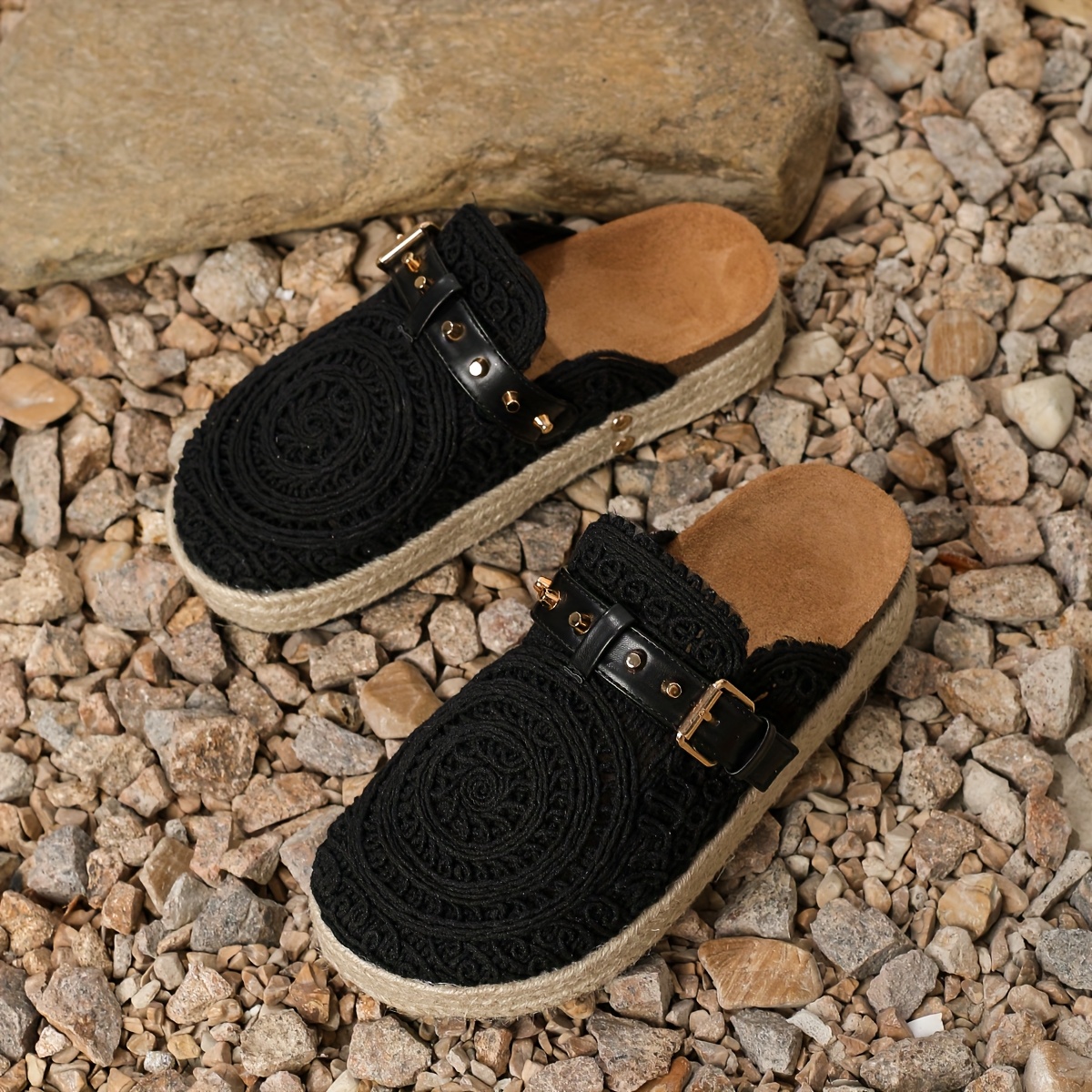 2025 Summer New Women's Rivet Hollow-Out Straw Thick-Sole Casual Vacation Style Slip-On Half-Slip Women's Sandals, Women Shoes
