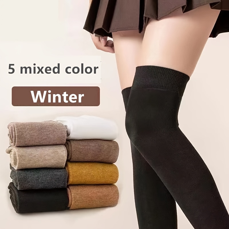 

5 Pairs Cozy Solid Thigh High Socks - Warm & Seamless Over-knee Style - Stretchy Fashion Stockings For Women