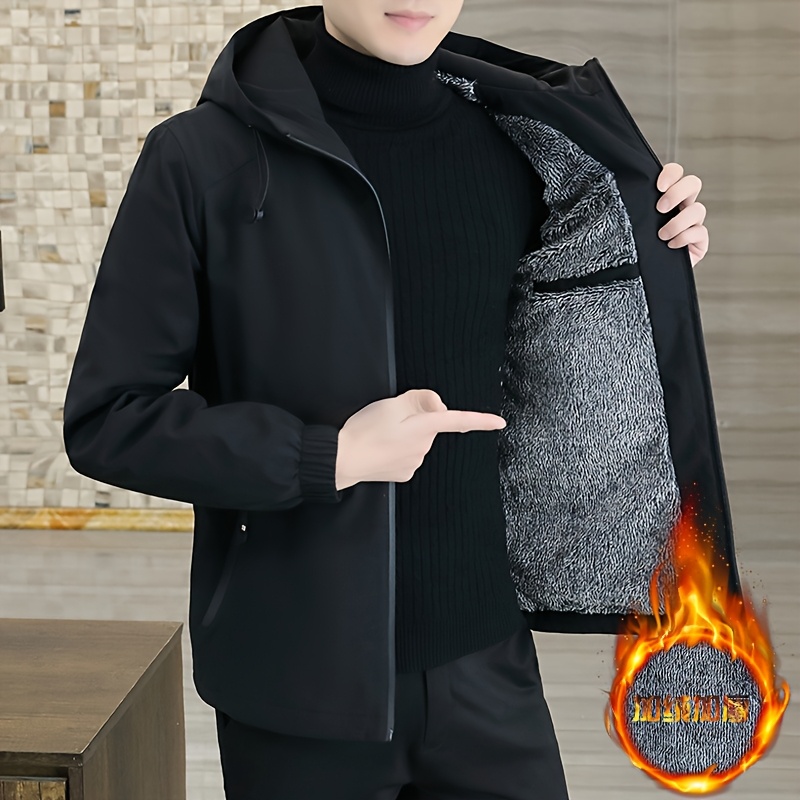 Chaqueta de polar para hombre, abrigo con cremallera resistente al viento para otoño, chaqueta con capucha casual, cálida y moderna, color sólido