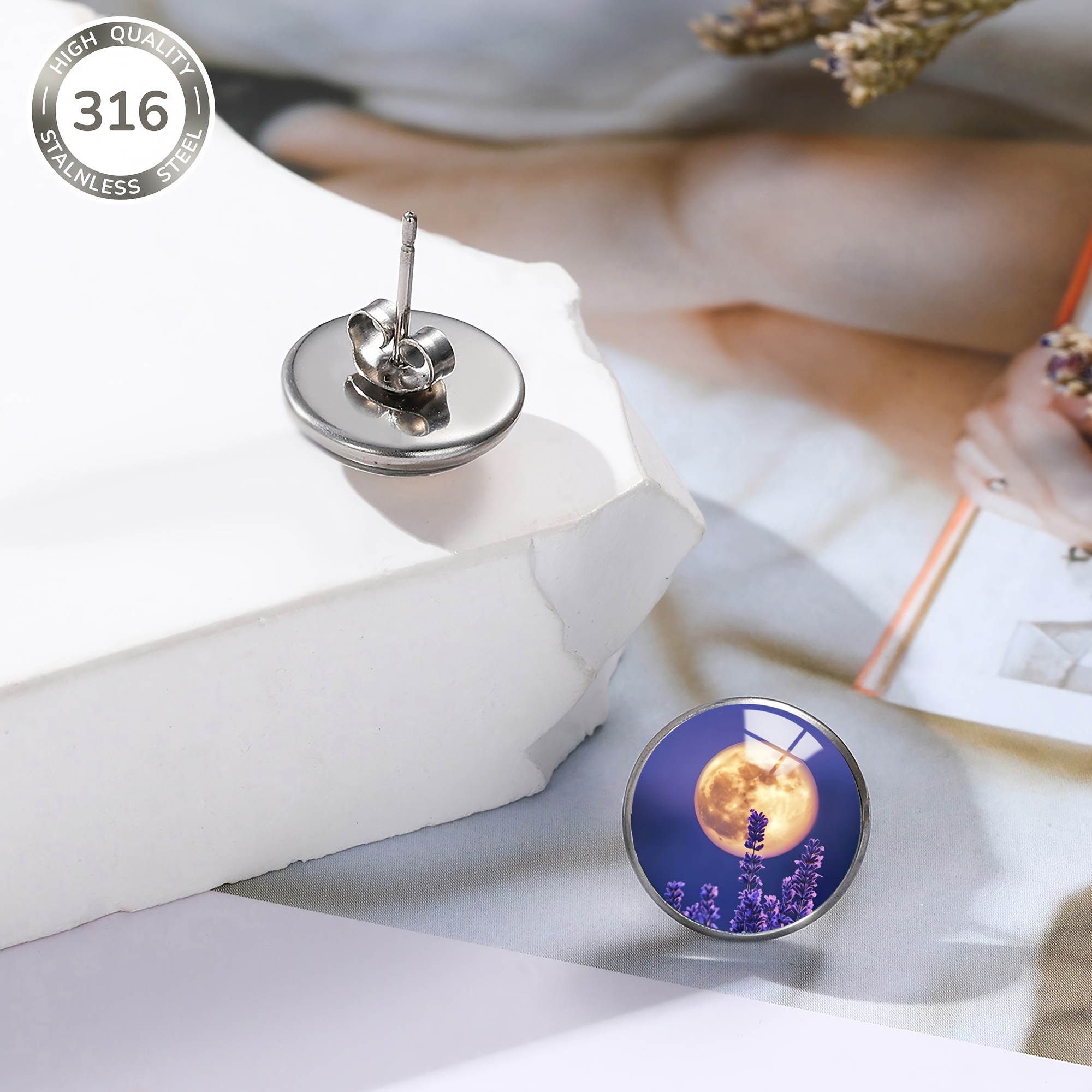 Purple Night Warm Golden Pattern Stainless Steel Stud Earrings