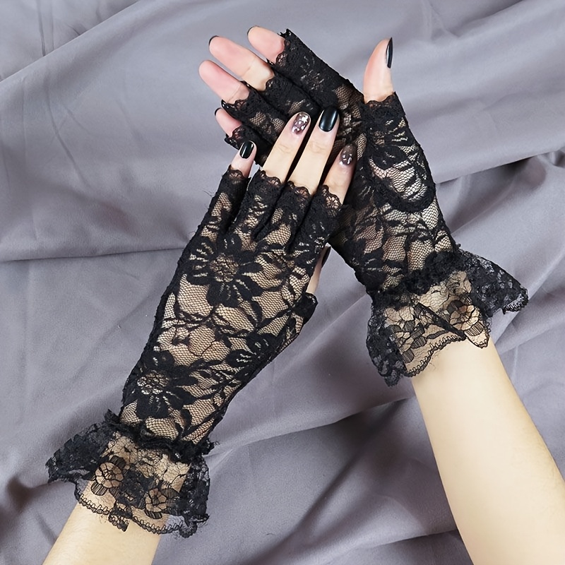 TEMU 1 Pair Women's Elegant Lace Fingerless Gloves, Black White Nude, Suitable For , Weddings, Dances, And Cosplay, Elegant Style, Festive Occasions