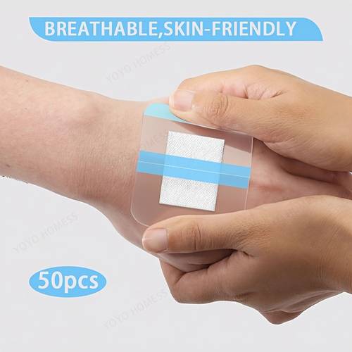 50 stuks waterdichte elastische bandage | pleisters, , 6x7cm transparante beschermfolie, fixatie pleister voor buitenactiviteiten, polyurethaan materiaal