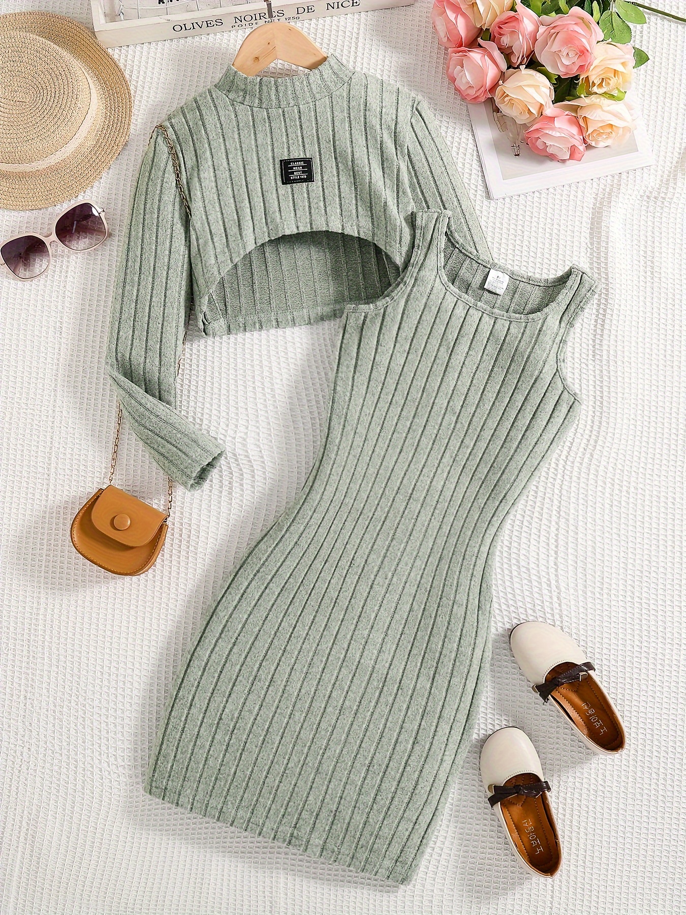 Girl PCS, Solid Ribbed Long Sleeve Crop Tank Dress Set Girl's  Spring/Fall outdoor Clothes, Casual Wear, Party, Gift