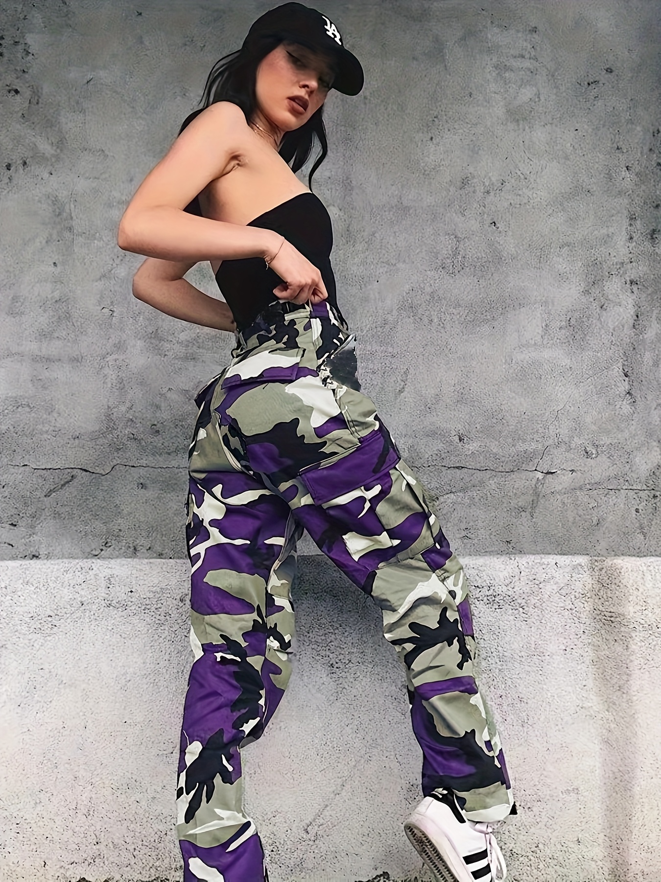 womens plus size stretch camo cargo joggers purple black Temu