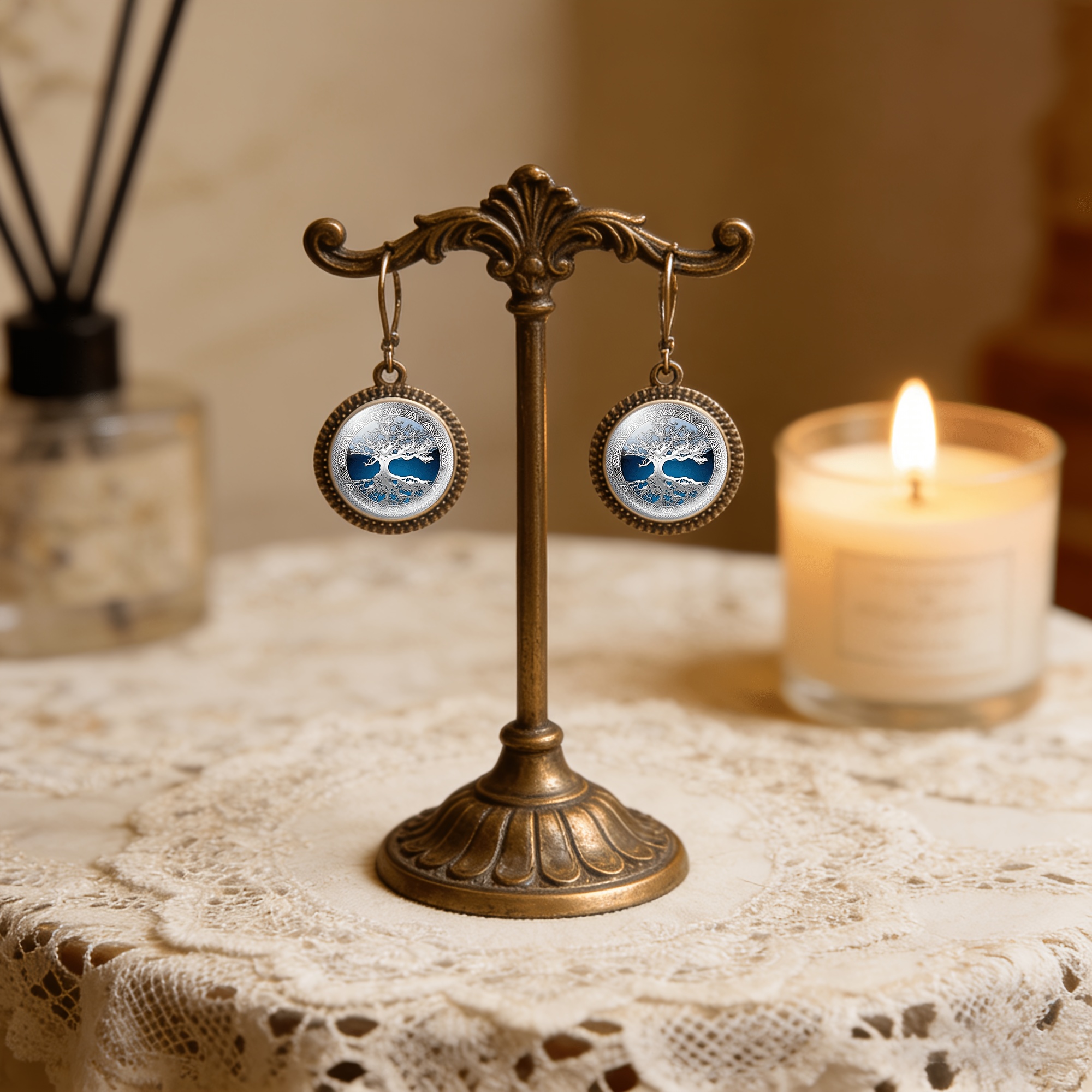 2pc Classic Blue Tree Pendant Earrings Set