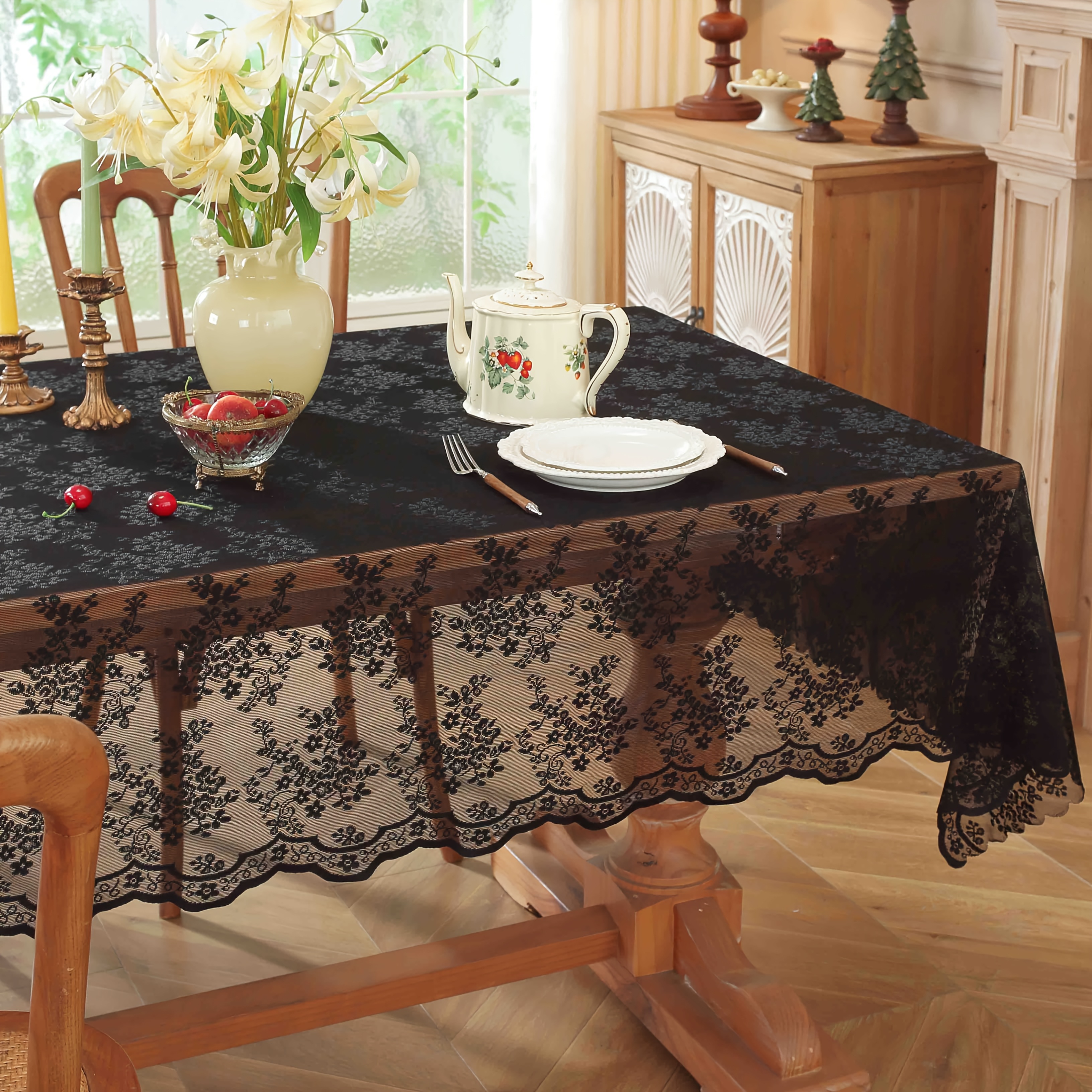 TEMU Nappe transparente à dentelle jacquard rétro française 1 panneau, dentelle festonnée, table de restaurant, décoration de buffet et d'entrée,