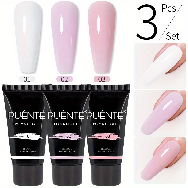 Image of 3pcs Puente Poly Nail Gel Set - Hypoallergenic /led Builder Gel, Suitable For Skin, Clear & Nude Pink Soak-off Polish For Acrylic Nail Extensions, Semi-permanent Nail Enhancements