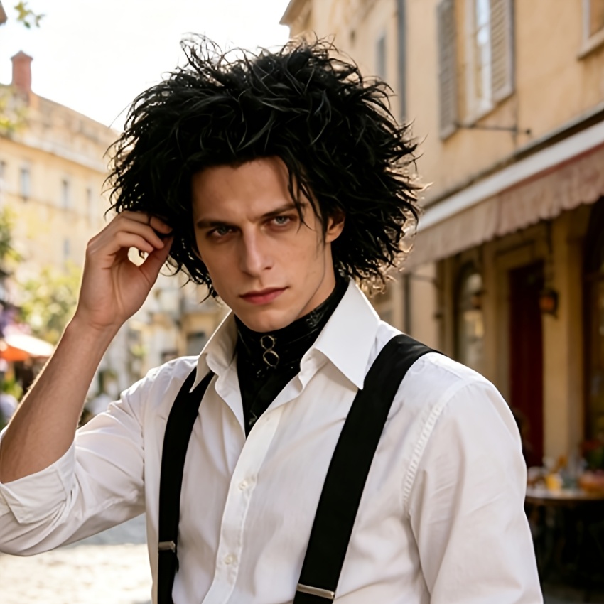 TEMU 12 Inch Black Fluffy Curly Wig For Men, Heat Resistant Synthetic Messy Gothic Wig, Retro Fantasy Character Cosplay Wig For Halloween Party
