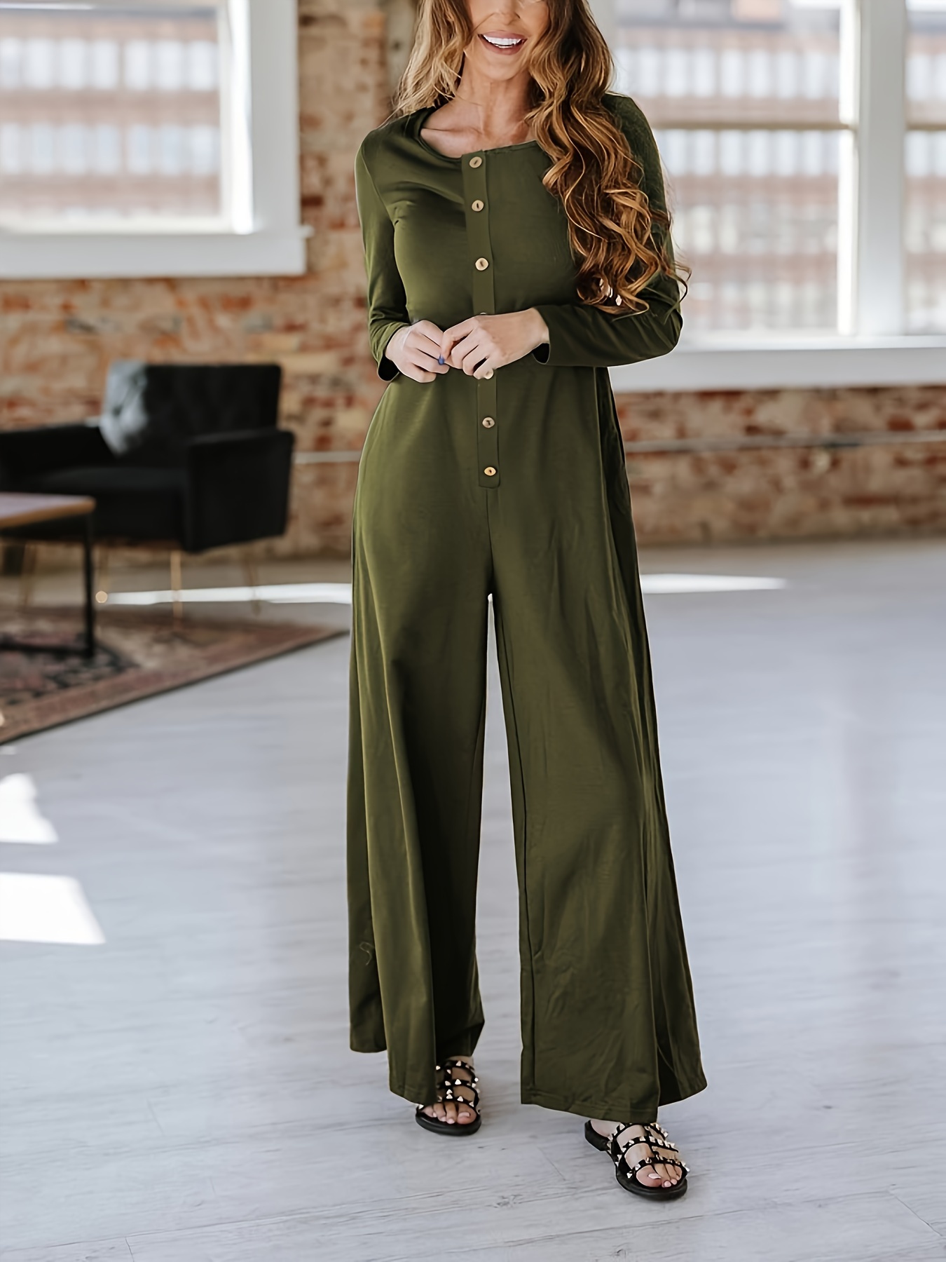 button front wide leg jumpsuit casual long sleeve pockets jumpsuit for spring fall womens clothing