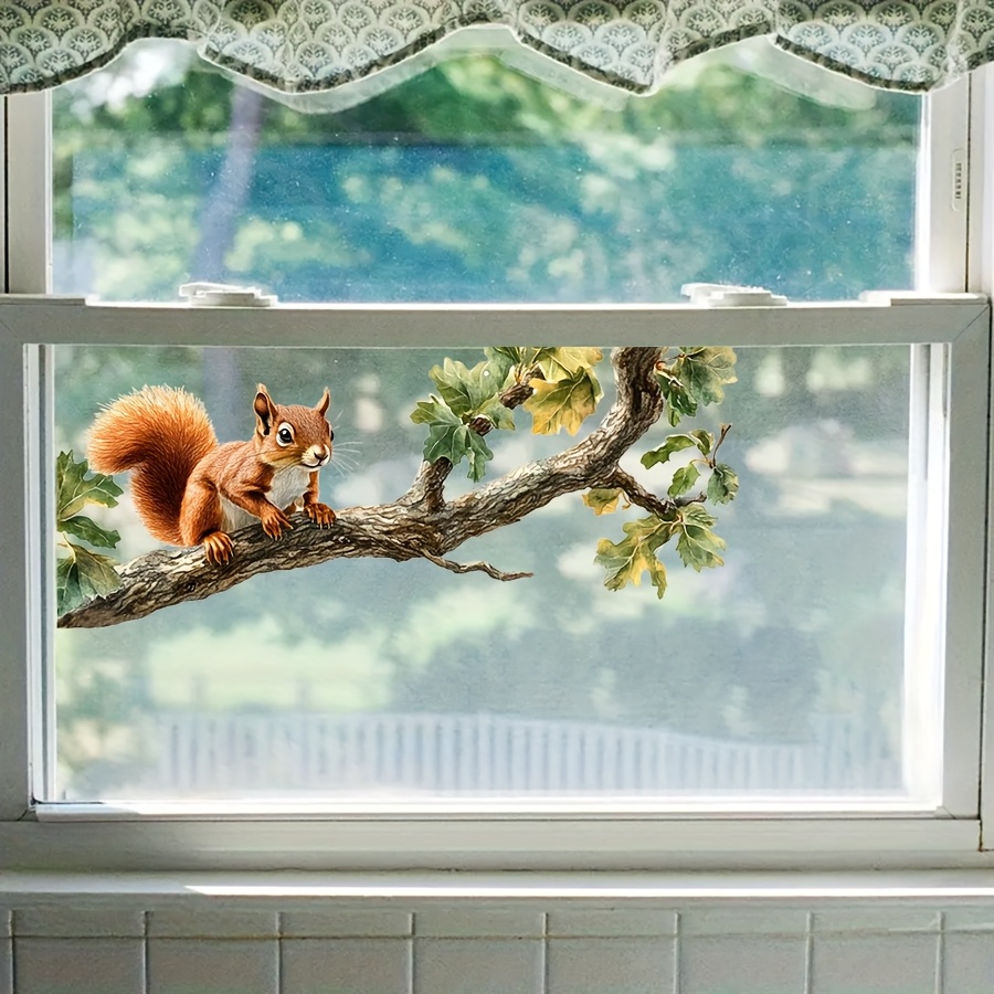 1pc Realistic Squirrel Glass Sticker Self-adhesive Removable Pvc Wallpaper, Suitable For Living Room Bedroom Balcony Window Decoration