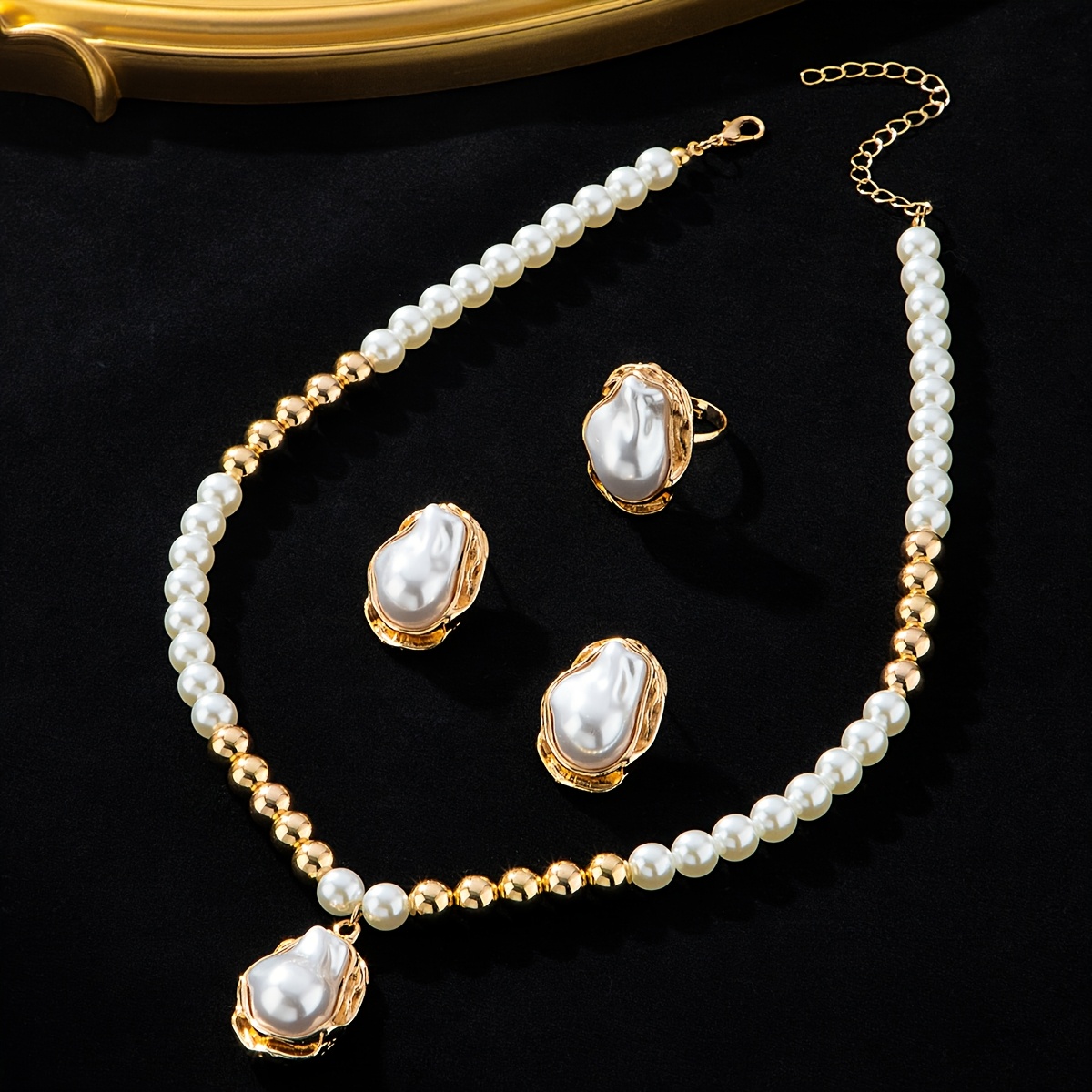 TEMU 4pcs Vintage Boho Style Acrylic Pearl Jewelry Set, Elegant Irregular Pearls, Necklace, Earrings, Ring For Women, , Gift-, And Party Occasions