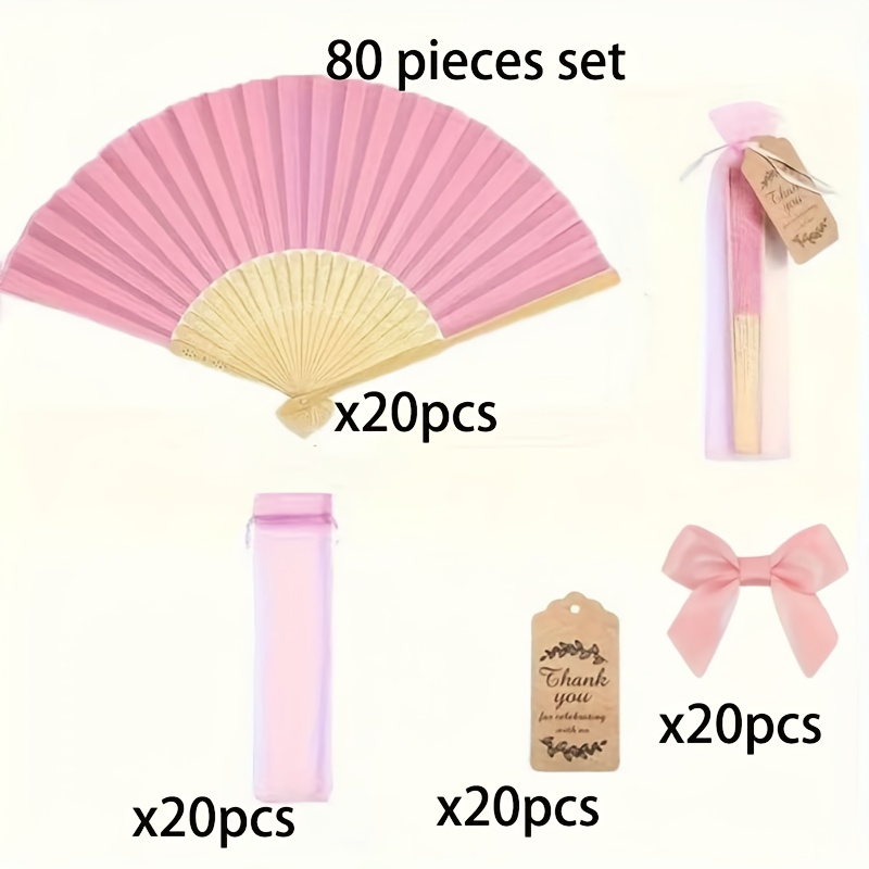 TEMU 60pcs/80pcs Pink Paper And Wooden Folding Fan Set With Gift Bag, Thank You Card Set, Bride Bamboo Handheld Folding Fan, Bachelorette Party