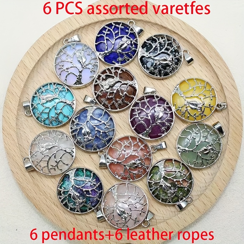 TEMU 12pcs Set Natural Stone Round Of Life Pendant, Beautiful Alloy Owl Necklace And Sweater Chain Decorations, Accessories, Holidays, Valentine's