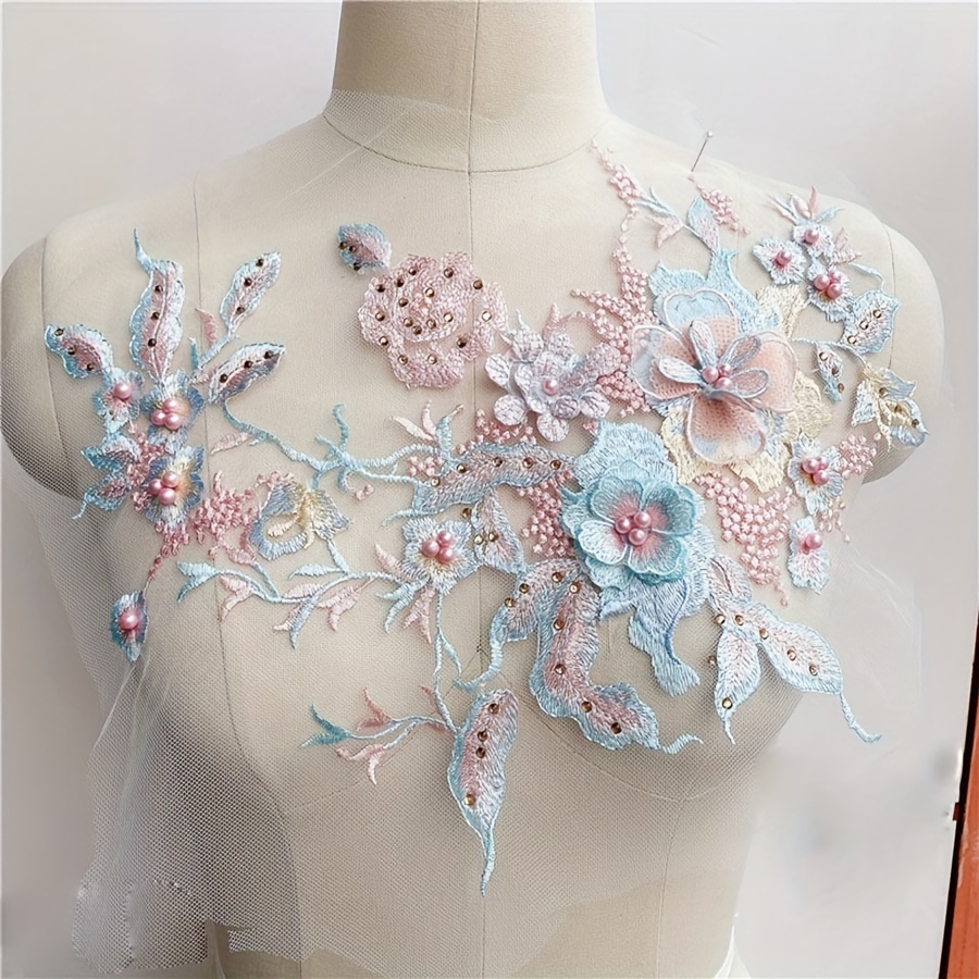 

Light Blue 3d Floral Lace Appliqué With Beads And Rhinestones, Embellished Bridal Dress Fabric Patch For Diy Wedding Gown Customization