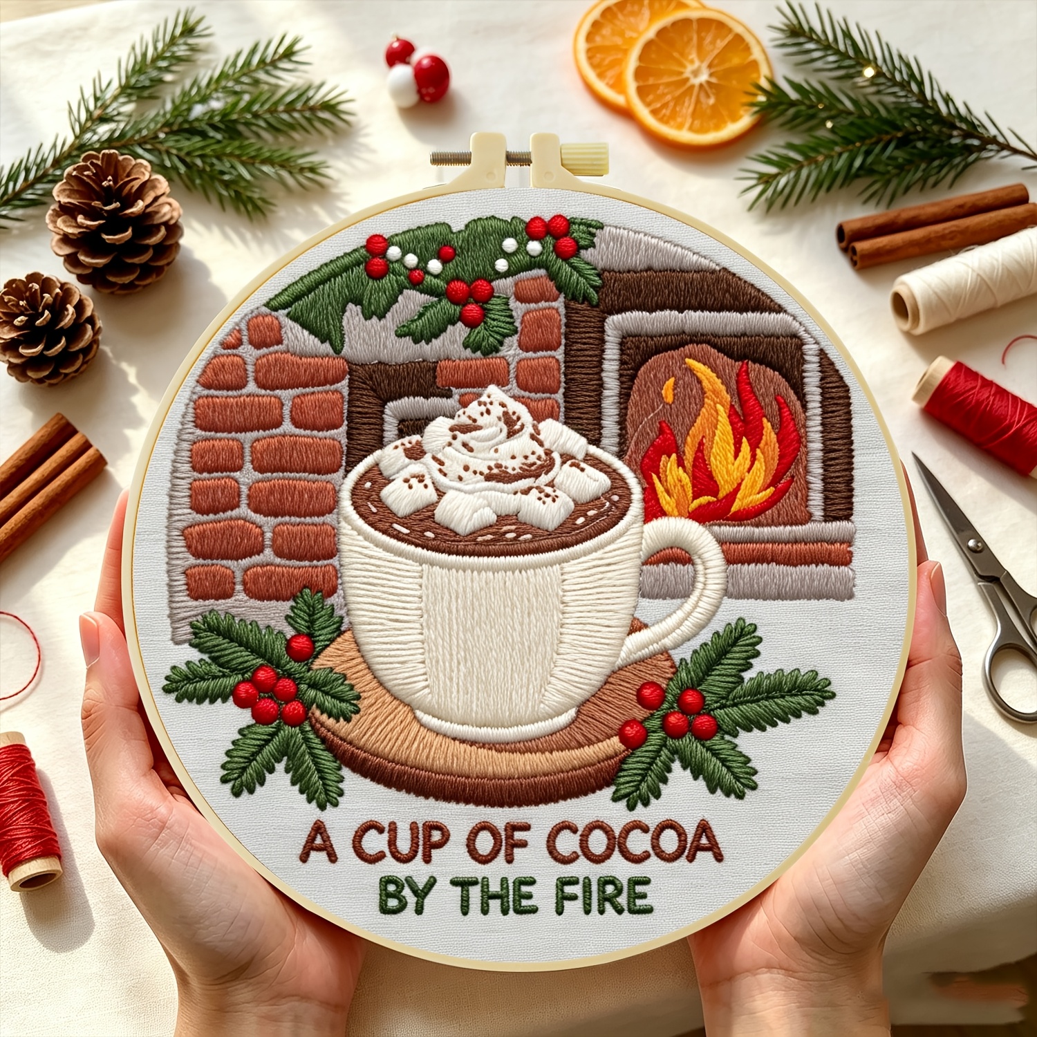 Complete Beginner's Embroidery Kit, Fireplace Hot Cocoa
