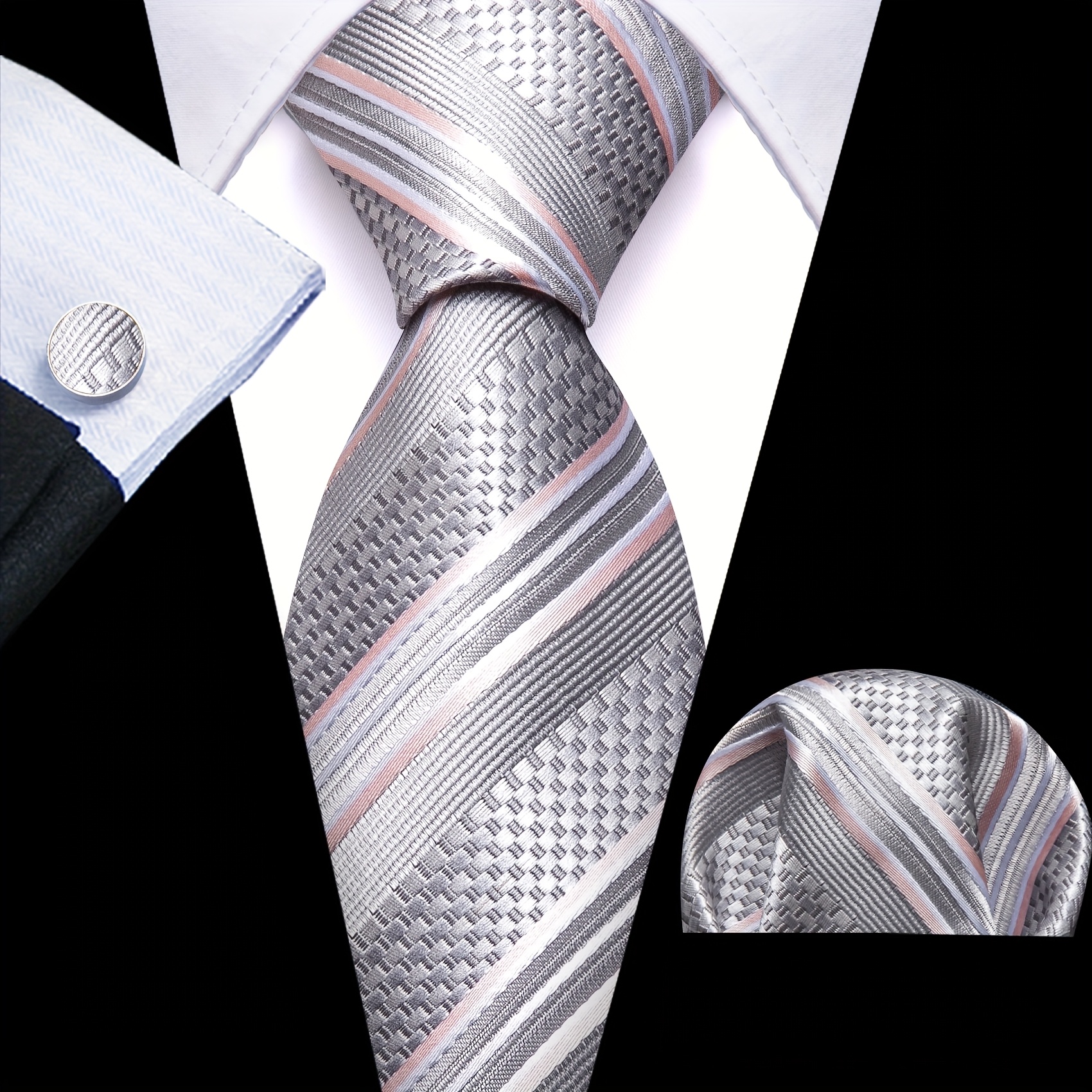 Image of Mens Classic Fashion Tie Grey Striped Ties And Handkerchief Square Set Business Event Wedding Party Essential For Festivals