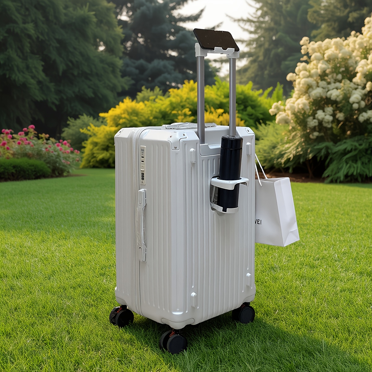 TEMU 24/26/28" 5-wheel Shockproof Suitcase -quintuspinner® Wheels (silent And Brake), Wet-, Cup Holder And Phone Mount And Hook, Ideal For