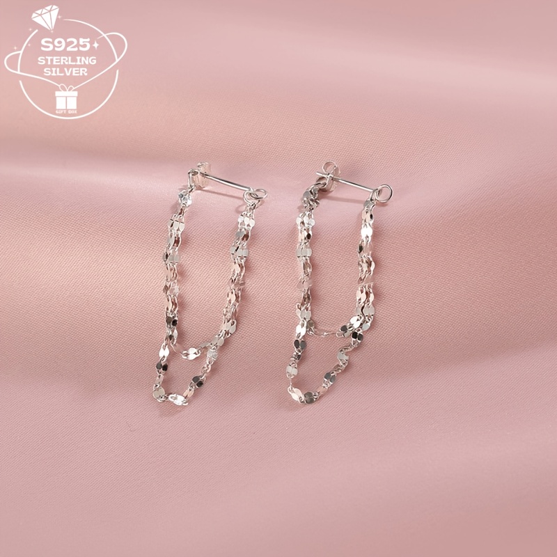 elegant 925 sterling silvery double layer chain tassel earrings hypoallergenic reversible design for   gift for any occasion lip stud festival gift details 3