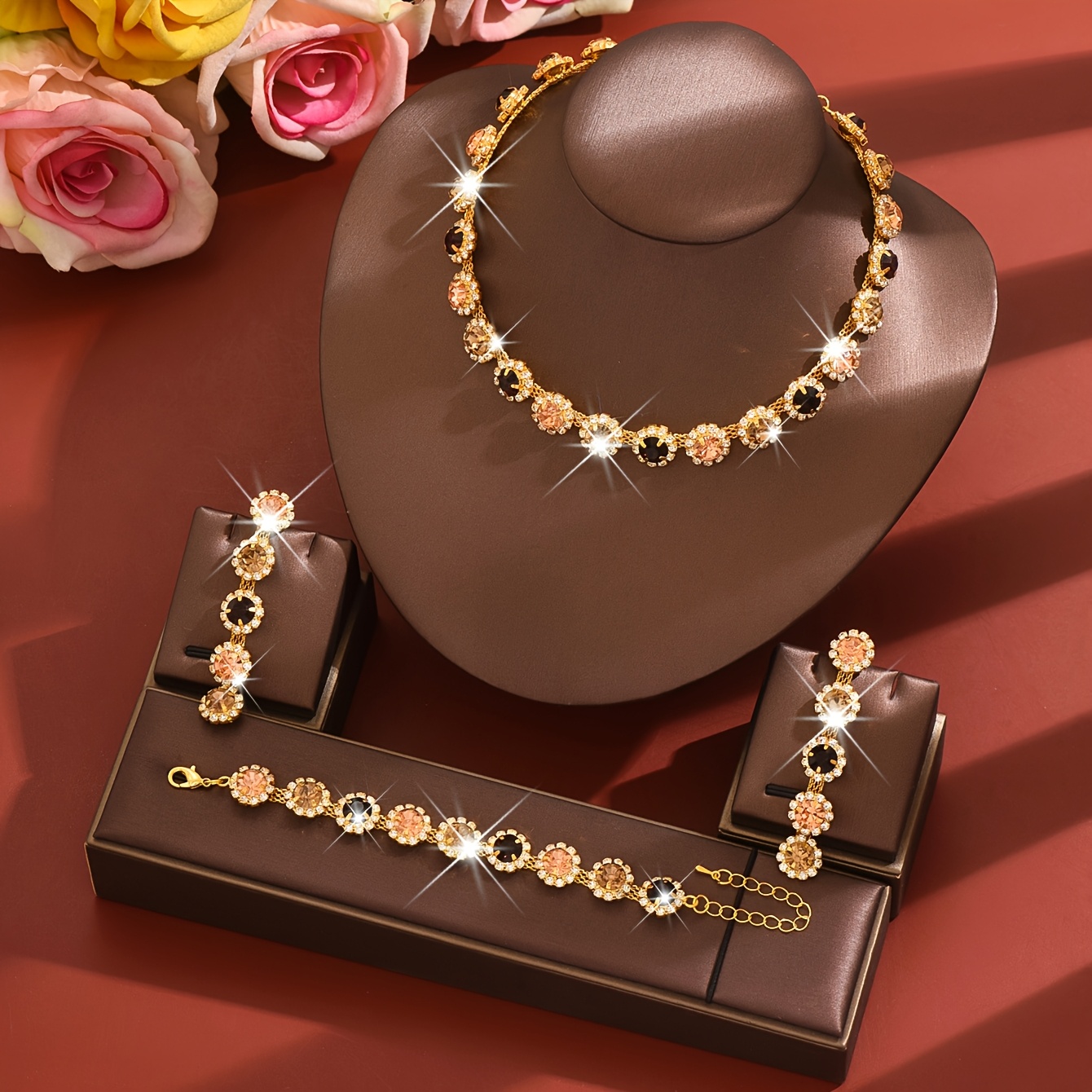 E-shop Modischer Luxus Eleganter Damen Schmuckset mit Strass, Strass-Quasten-Choker Halskette Fransen-Ohrringe für Hochzeit, Brautparty