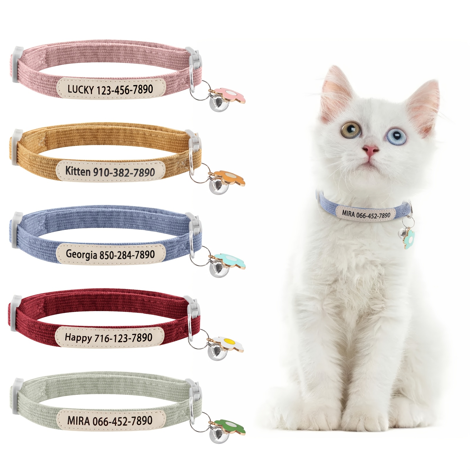 

(customized) Cute Cat Collar Corduroy Cat Collar Uv Printed Customized Name And Phone Number Soft Leather Decoration Elegant And Soft And Skin-friendly