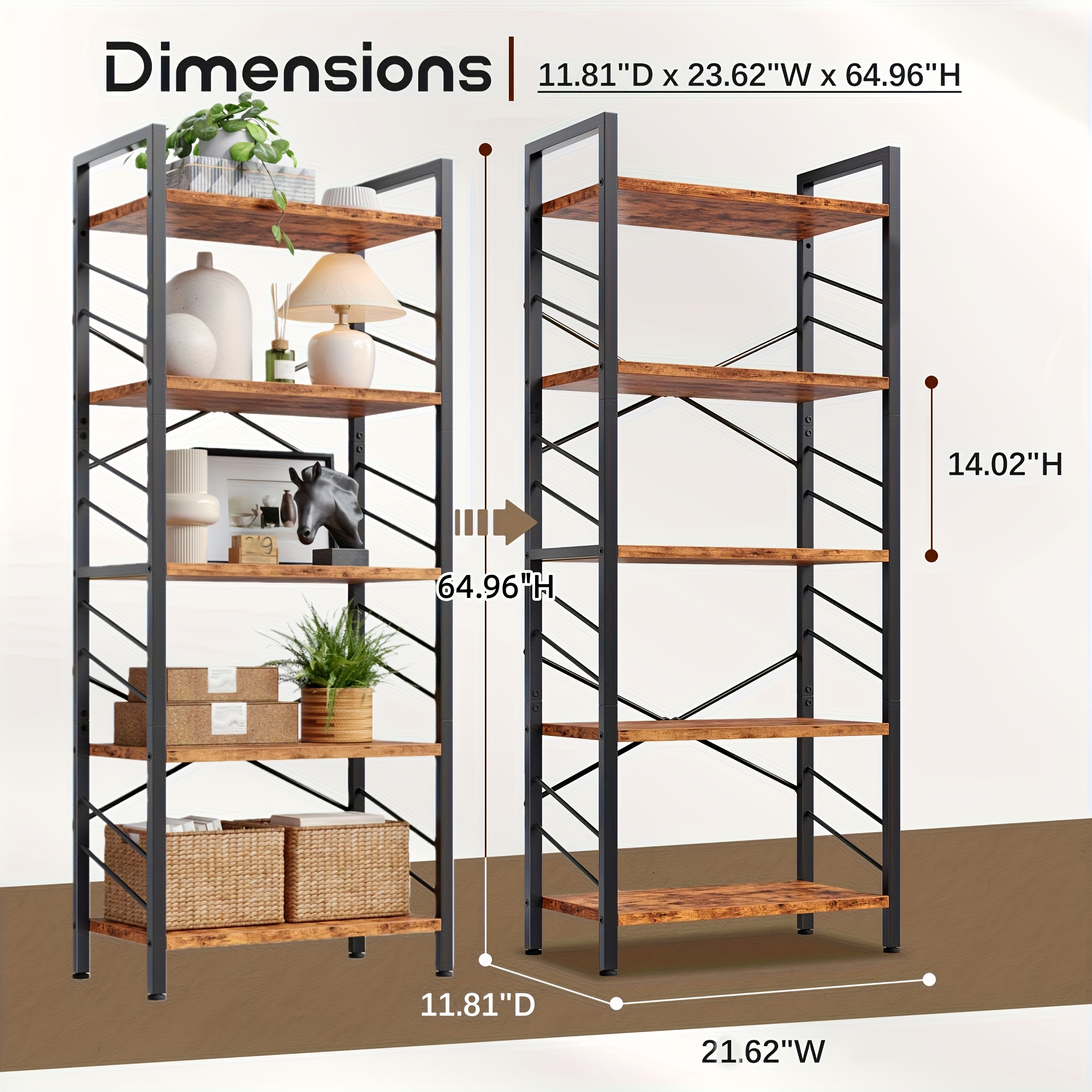 TEMU 3/4/5 Tier Bookshelf, Industrial Bookcase With Metal Frame And Sidebars For Small Spaces - Shelves, Storage Rack, Sidebars For Office, Living