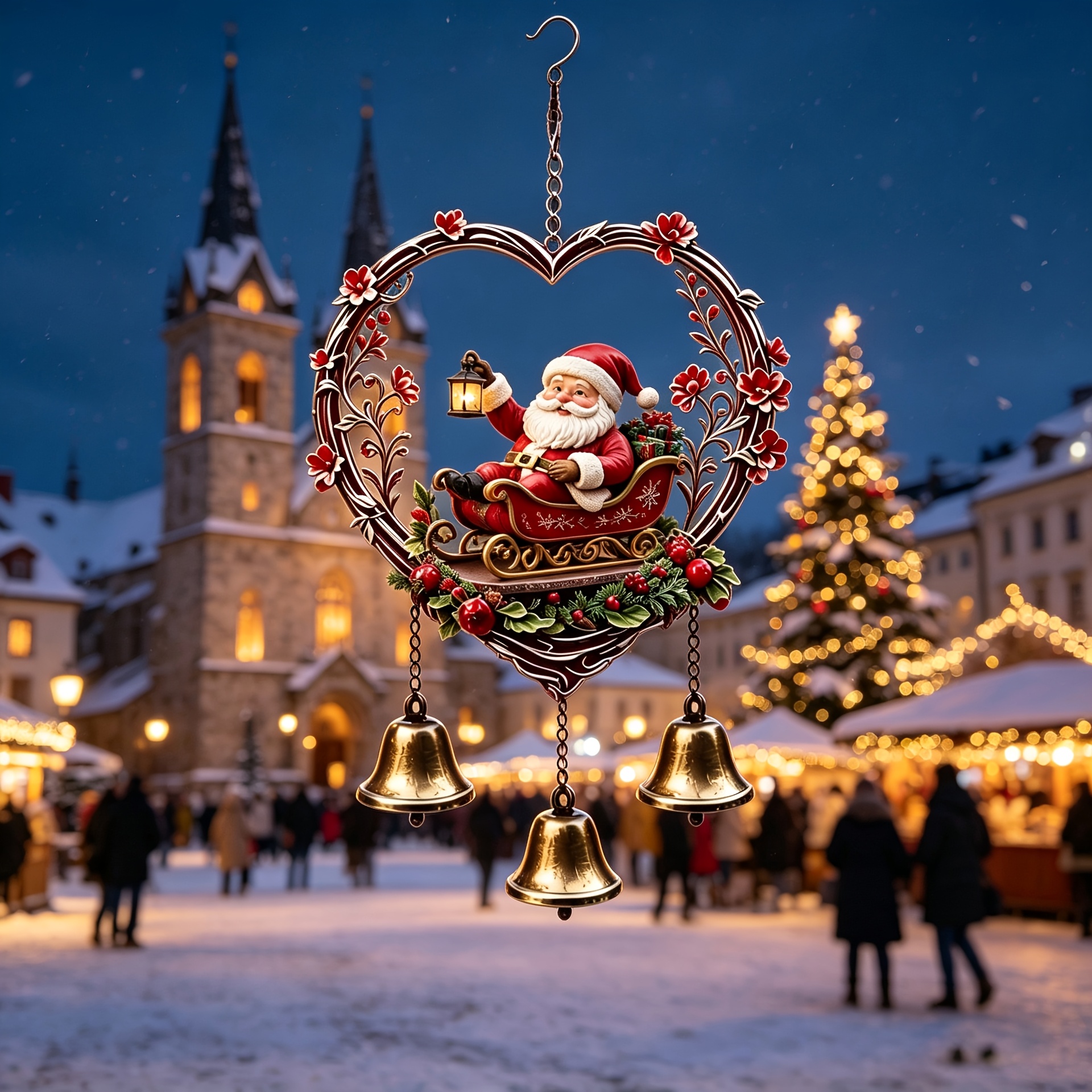 TEMU Christmas Heart Santa Claus Metal Wind Chime, Contains 3 Copper Bells, Vintage Metal Bells Produce Ringing Sound, With A Gift Box, Suitable For