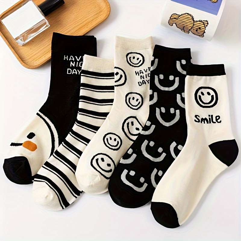 

Women's Elegant Polyester Knit Mid-calf Socks - 5 Pairs Breathable Comfort-fit With Striped And Patterns, Includes Hand Wash Instructions - 80% Polyester, 20% Spandex