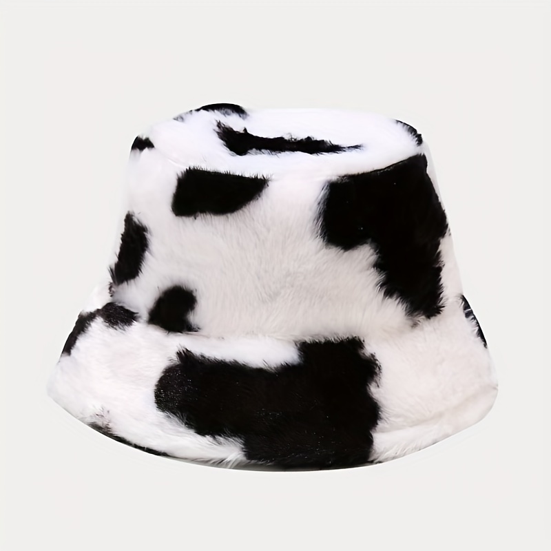 Winter Thickened Plush Cow Pattern Fisherman Hat, Stylish And Warm Bucket Hat
