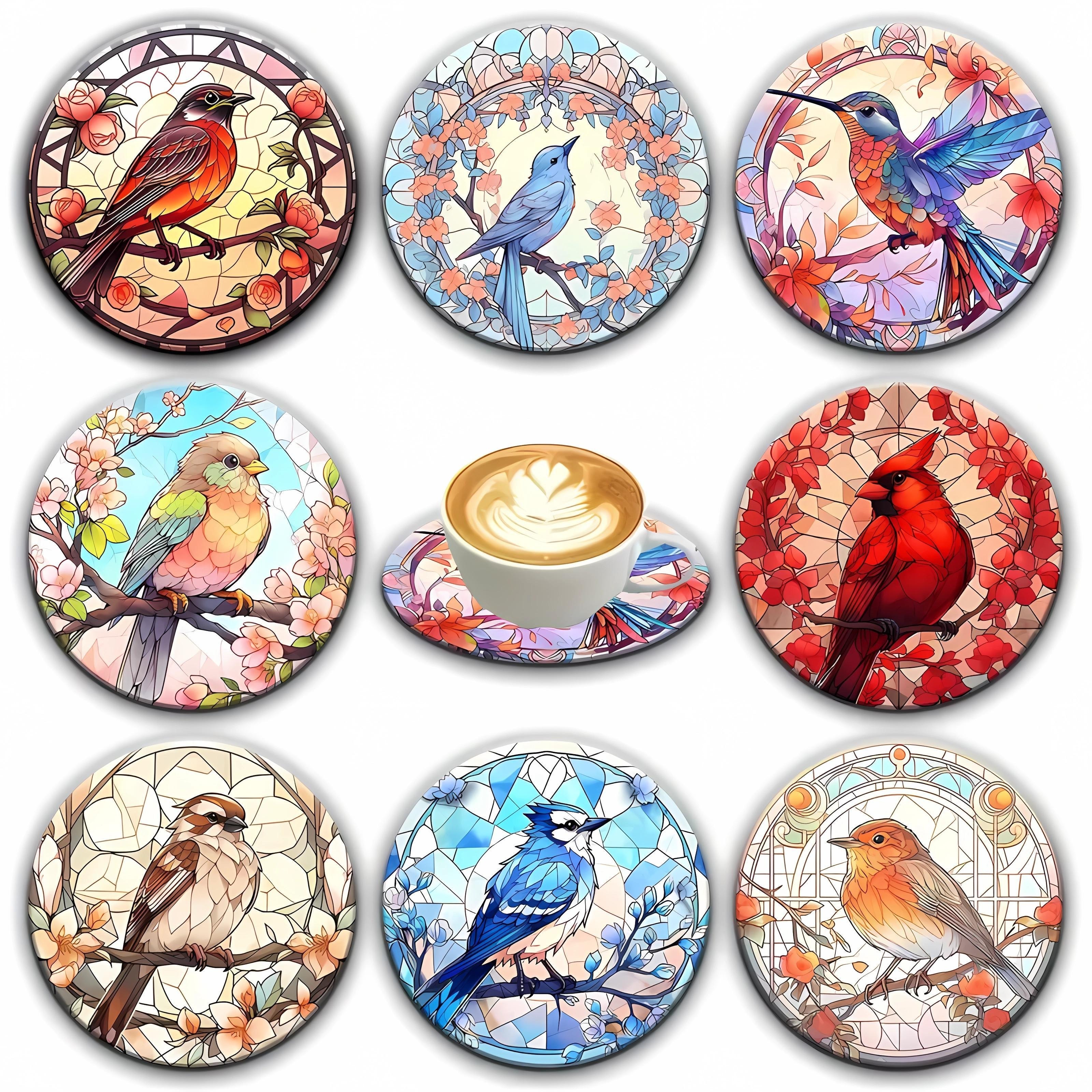 

Set Of 8 Bird-themed Wooden Coasters - Round Heat-resistant Drink Mats For Home & Party Decor, Hand Washable, Ideal For Christmas, , Easter, Hanukkah, Thanksgiving Gift