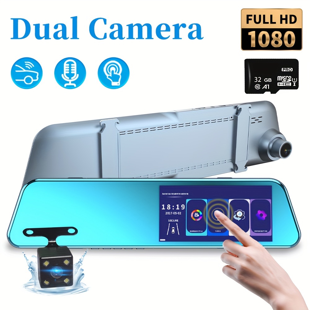 Cámara de salpicadero delantera y trasera, cámara dual para automóvil con  tarjeta SD de 32 G, pantalla táctil IPS de 4 pulgadas, cámara de tablero de