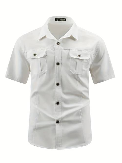 mens casual cargo short sleeve shirt with button pockets solid color non stretch fabric regular fit for weekend casual wear