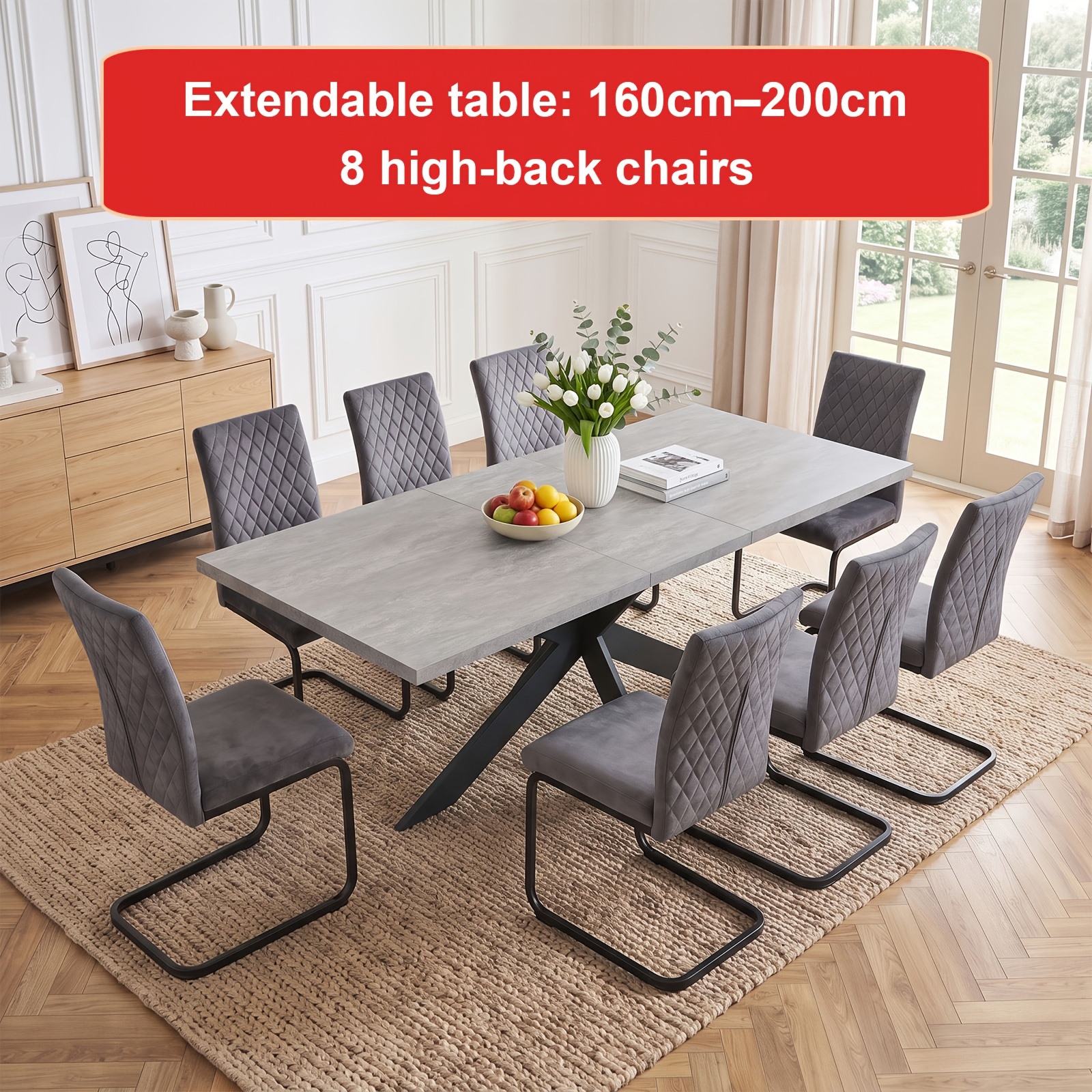 Image of Jiexi Dining Table And Chair Set, 160-200cm Extendable Dining Table, 8/6 High-back Chairs, High-density Fiberboard, Upholstered High-back Chair, Skin-friendly Comfortable Dining Room Living Room
