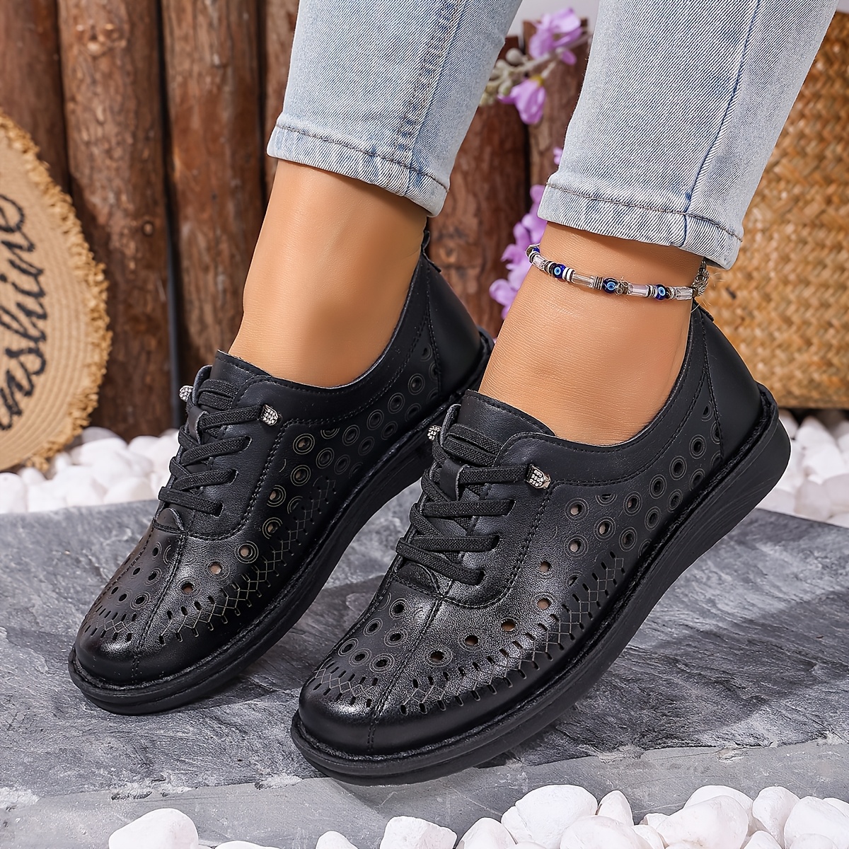Women's Slip-On Loafers, Hollow-Out Design, Solid Color