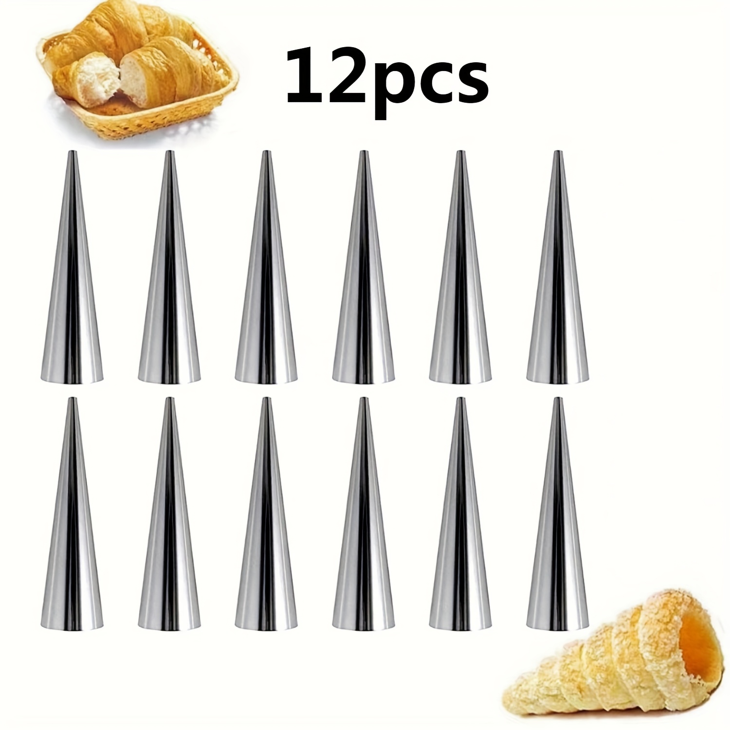 Image of 6/8/9/10/12pcs Stainless Steel Conical Danish Croissant Horns, Crescent Rolls, Spiral Conical Tubes, Perfect Baking Tools, Kitchen Supplies