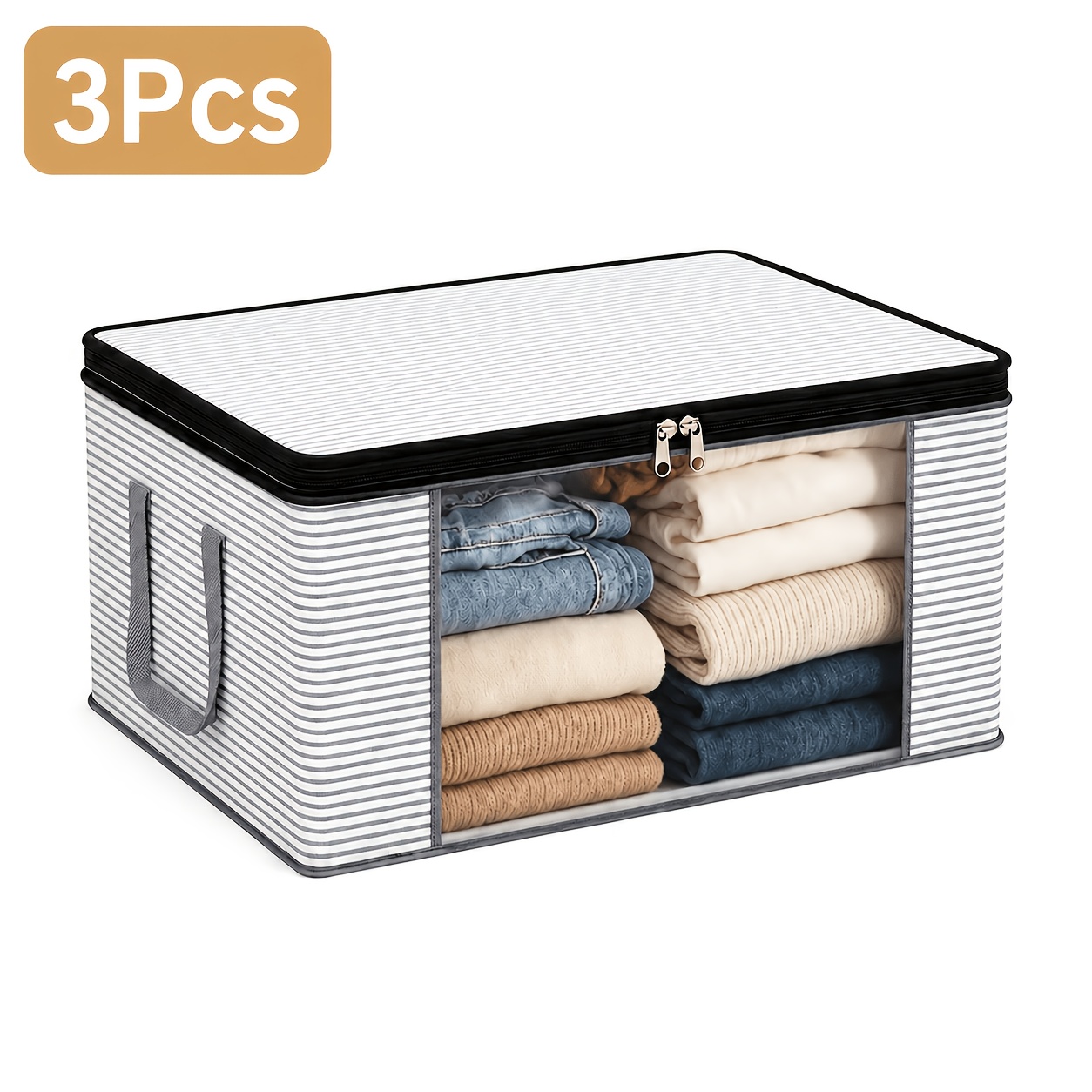 TEMU Lot de 3/6 de rangement pliables extra-larges à rayures grises, organisateurs de vêtements pliants durables avec fenêtres transparentes zippées