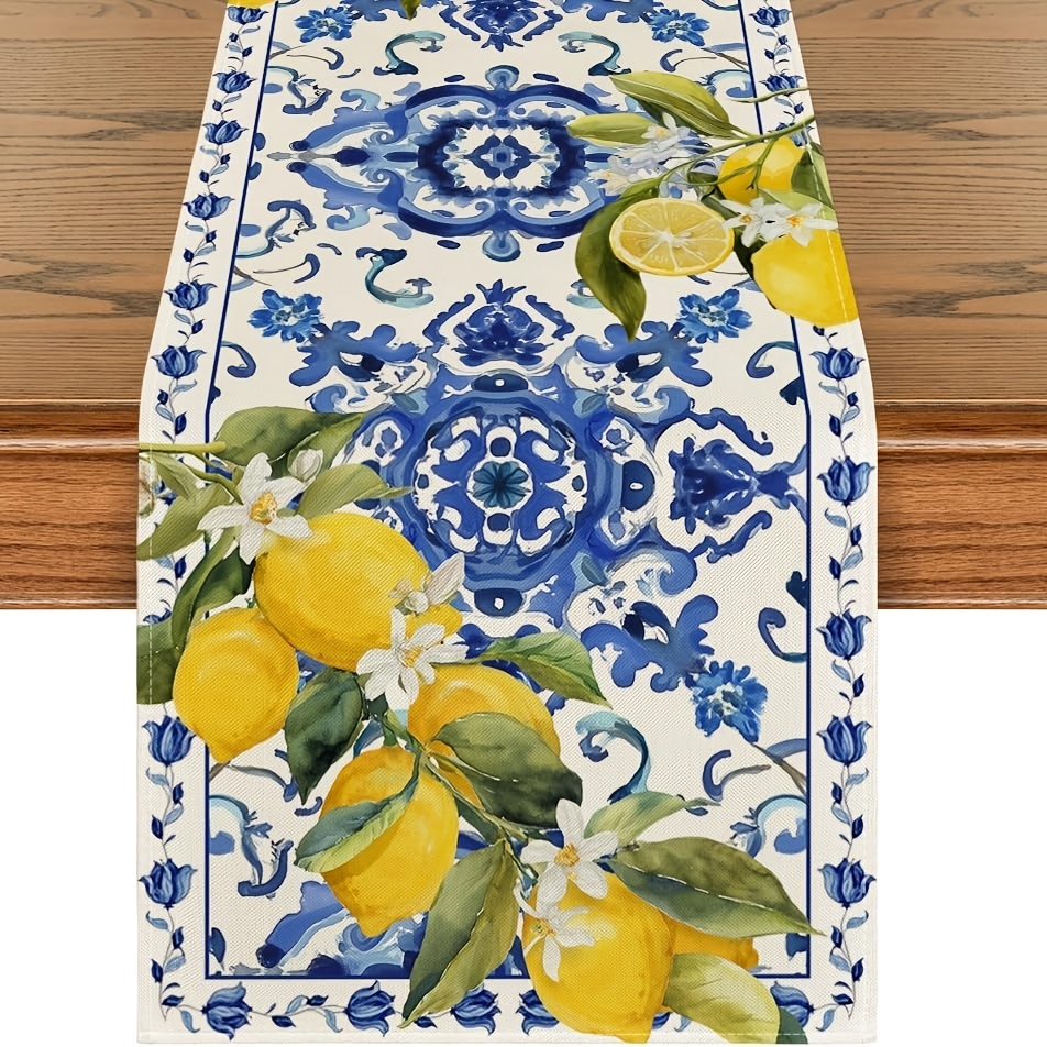 TEMU Runner da estivo 1 pz in lino con limone e porcellana blu e , decorazione stagionale primaverile per tavolo da , per e feste, 13x48/13x72/13x108