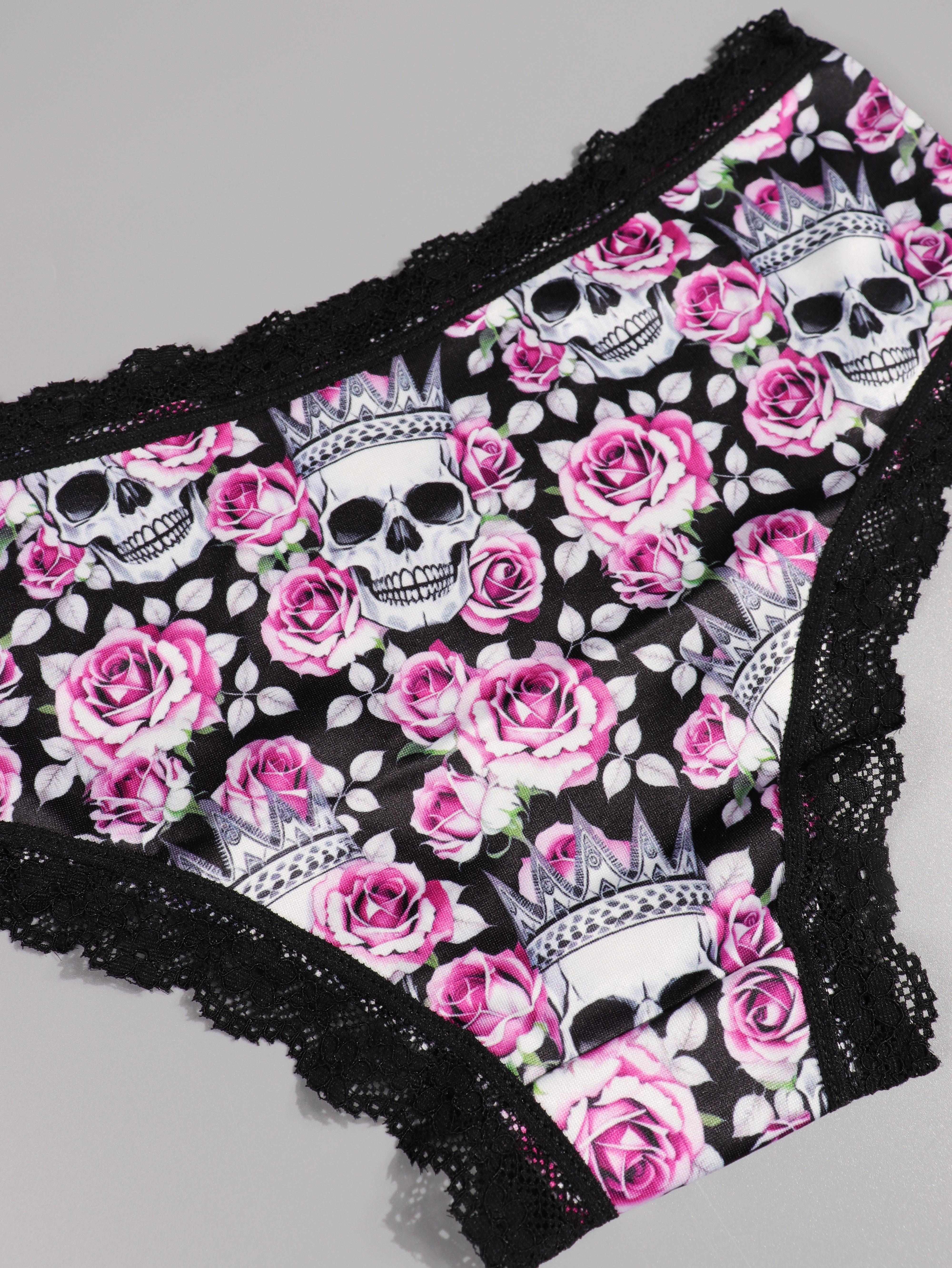 4pcs Gothic Skull Print Lace Trim Low Waist Briefs, Soft & Comfy Stretchy  Panties, Women's Lingerie & Underwear