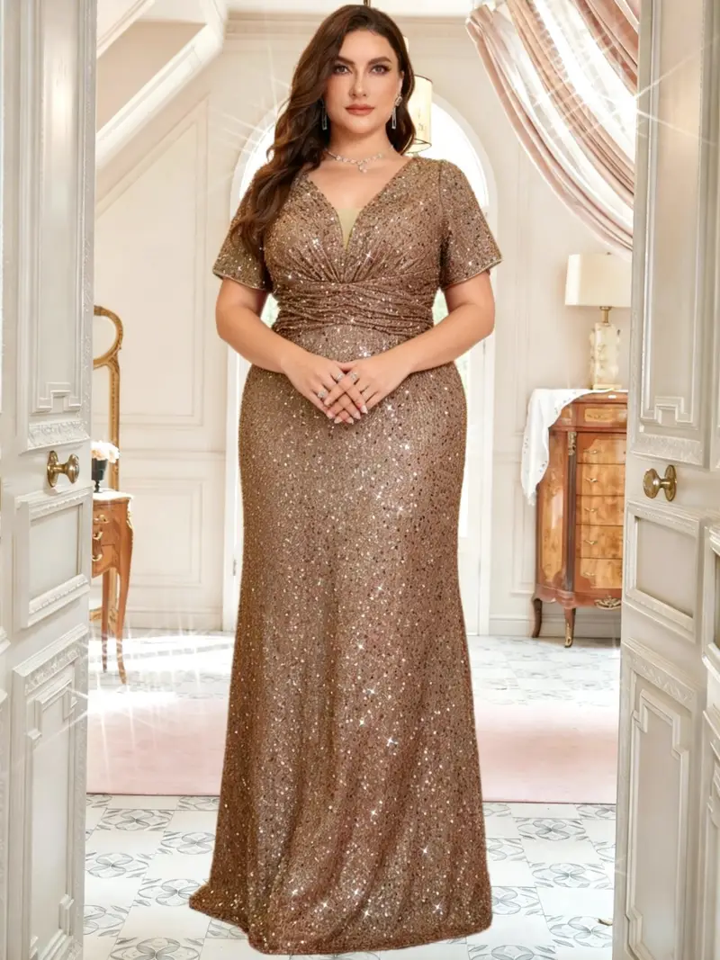 Plus Size - Plus Size - Women'S Plus Size Sequin Lace V-Neck Waist Dress Plus Size - Plus Size - Women'S Plus Size Sequin Lace V-Neck Waist Dress