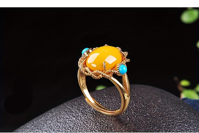 1pc vintage     ring 18k golden plated 925 silver synthetic amber and turquoise adjustable opening handcrafted personalized fashion for daily and banquet occasions mardi gras day accessory details 5