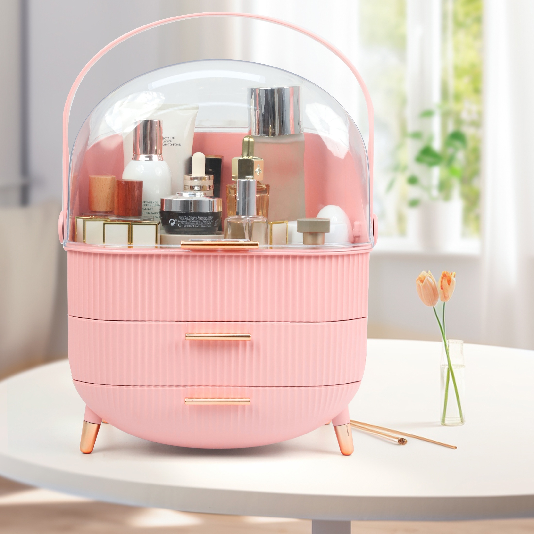 [Pink Makeup Organizer] Pink Makeup Storage Organizer, Cosmetics Skincare Organizers | With Transparent Lid, Vanity Cosmetics Storage | Ideal Gifts For Women Or Girls
